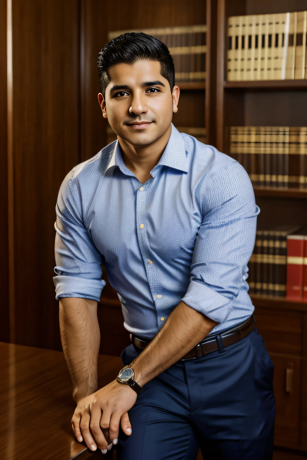 Latino lawyer, male, short hair.  with a round face.  25 years.  lean.