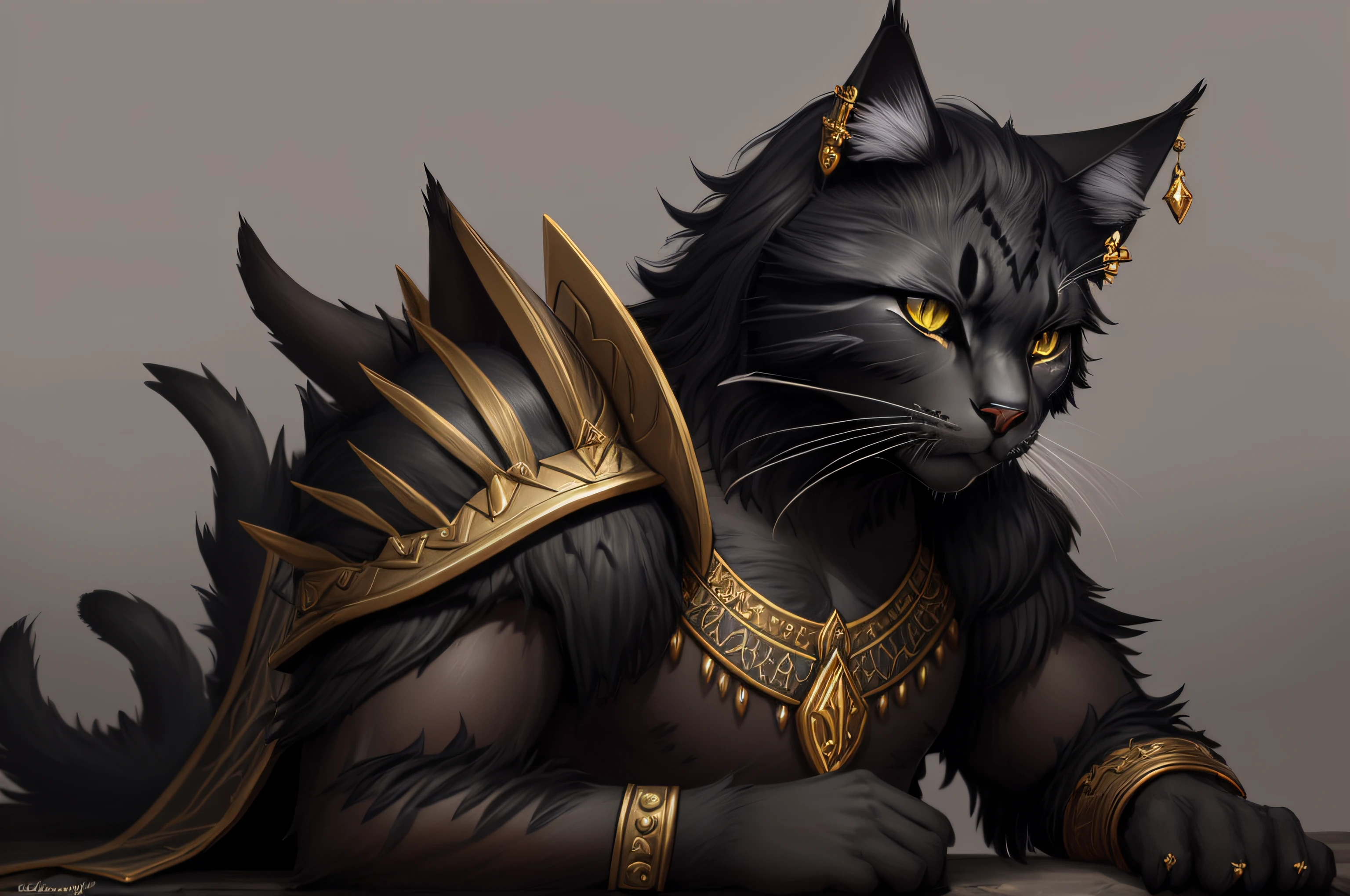 a tabaxi noble with black fur and a gold earring wearing leather armor