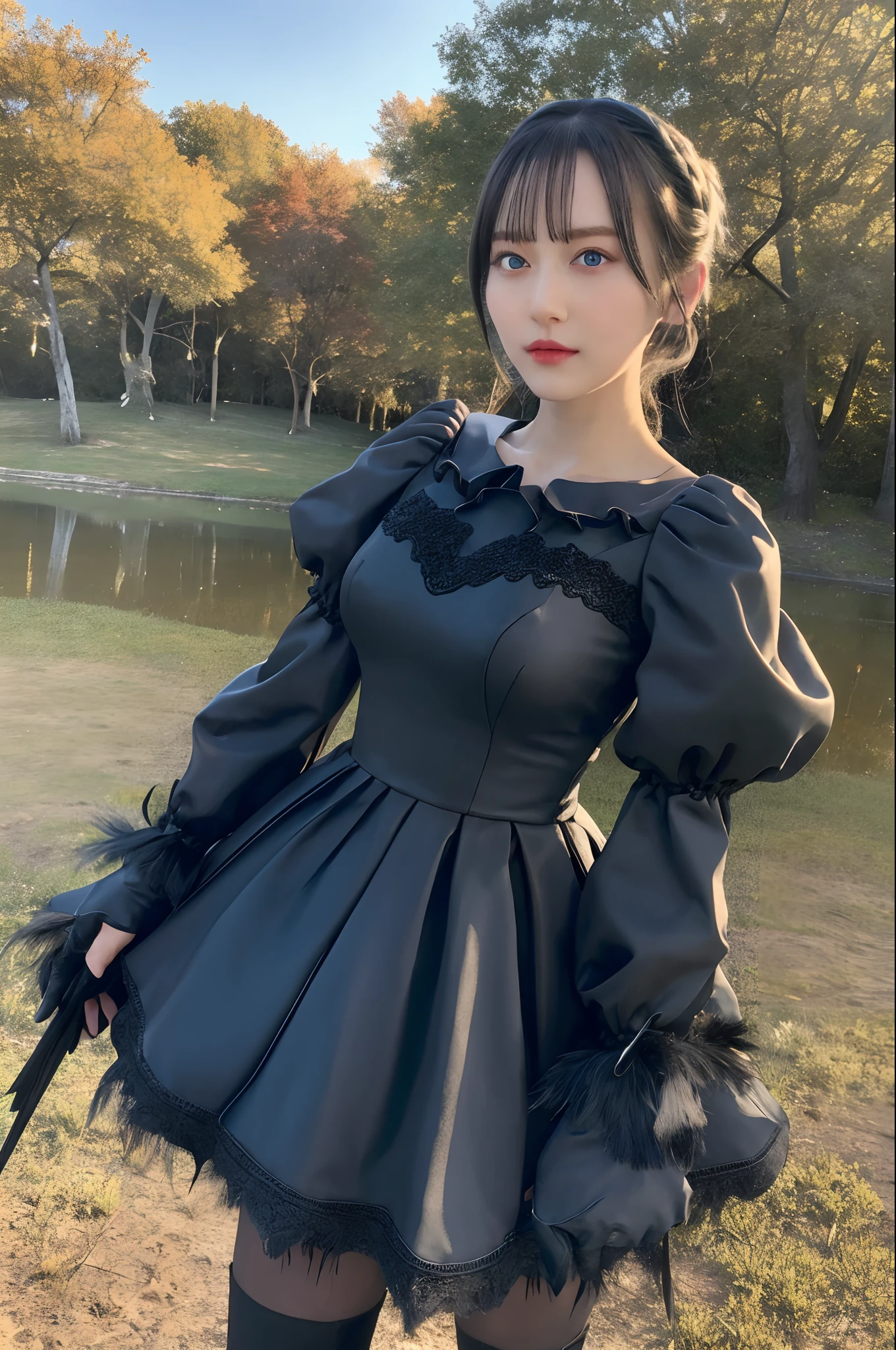 masterpiece, best quality, highres, hm2b, blue eyes, mole under mouth, clothing cutout, long sleeves, puffy sleeves,  juliet sleeves, feather trim, black thighhighs, black gloves, black dress, black skirt, cowboy shot, standing, outdoors