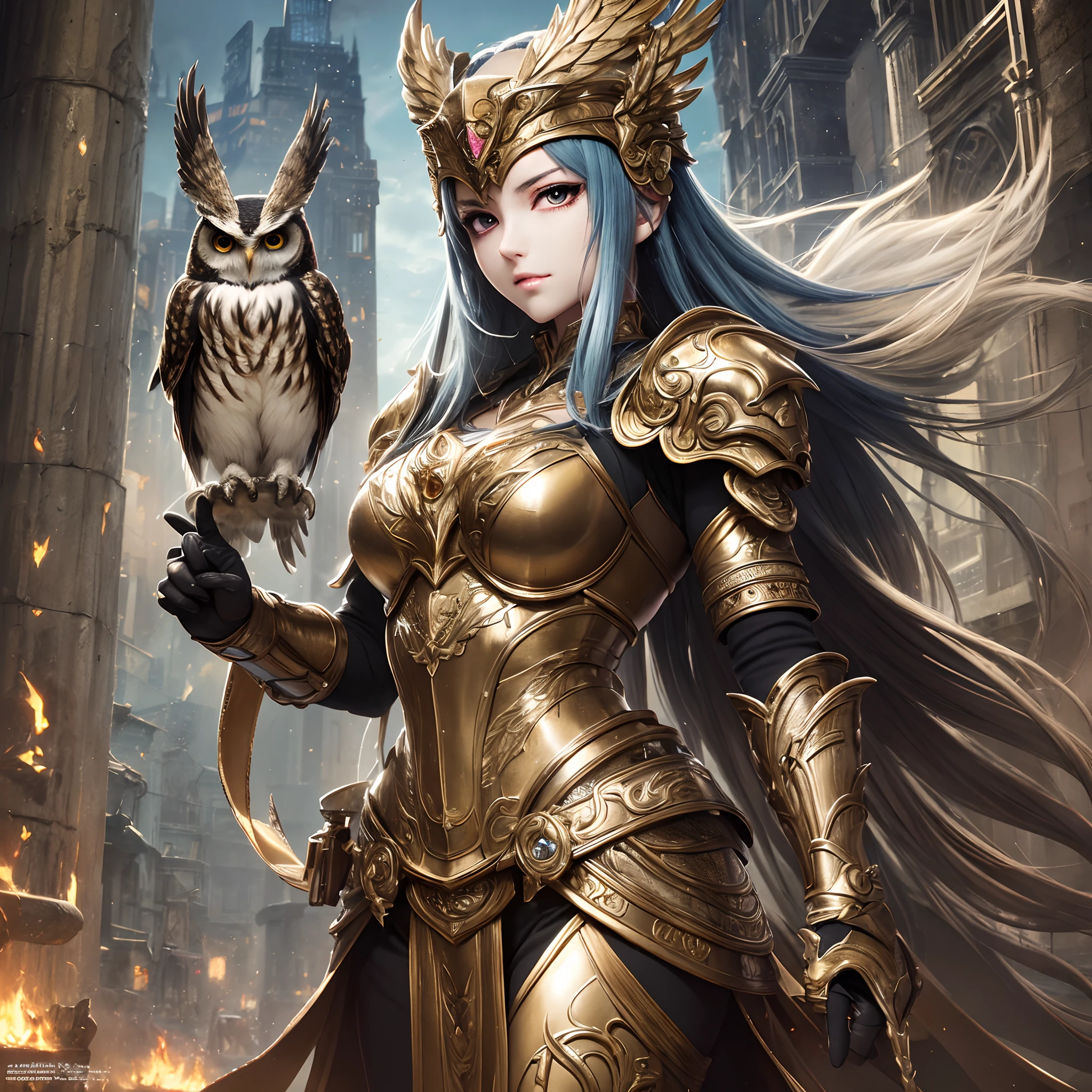 ((Finest quality)),(超A high resolution),(ultra-detailliert),((Best Anime)),sharpnes,Clear,Fantasy art with astounding depictions, (Athena,Bronze armor),Aegis (owls)