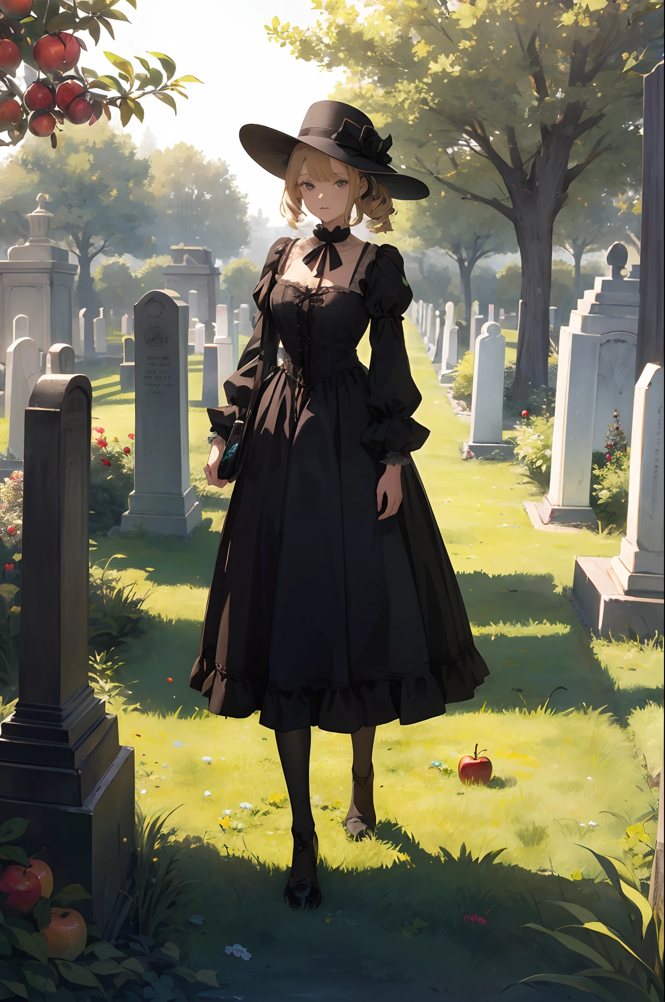 Cemetry along side it an apple garden with golden apple shinning it is dark and a girl weraing black victorian style