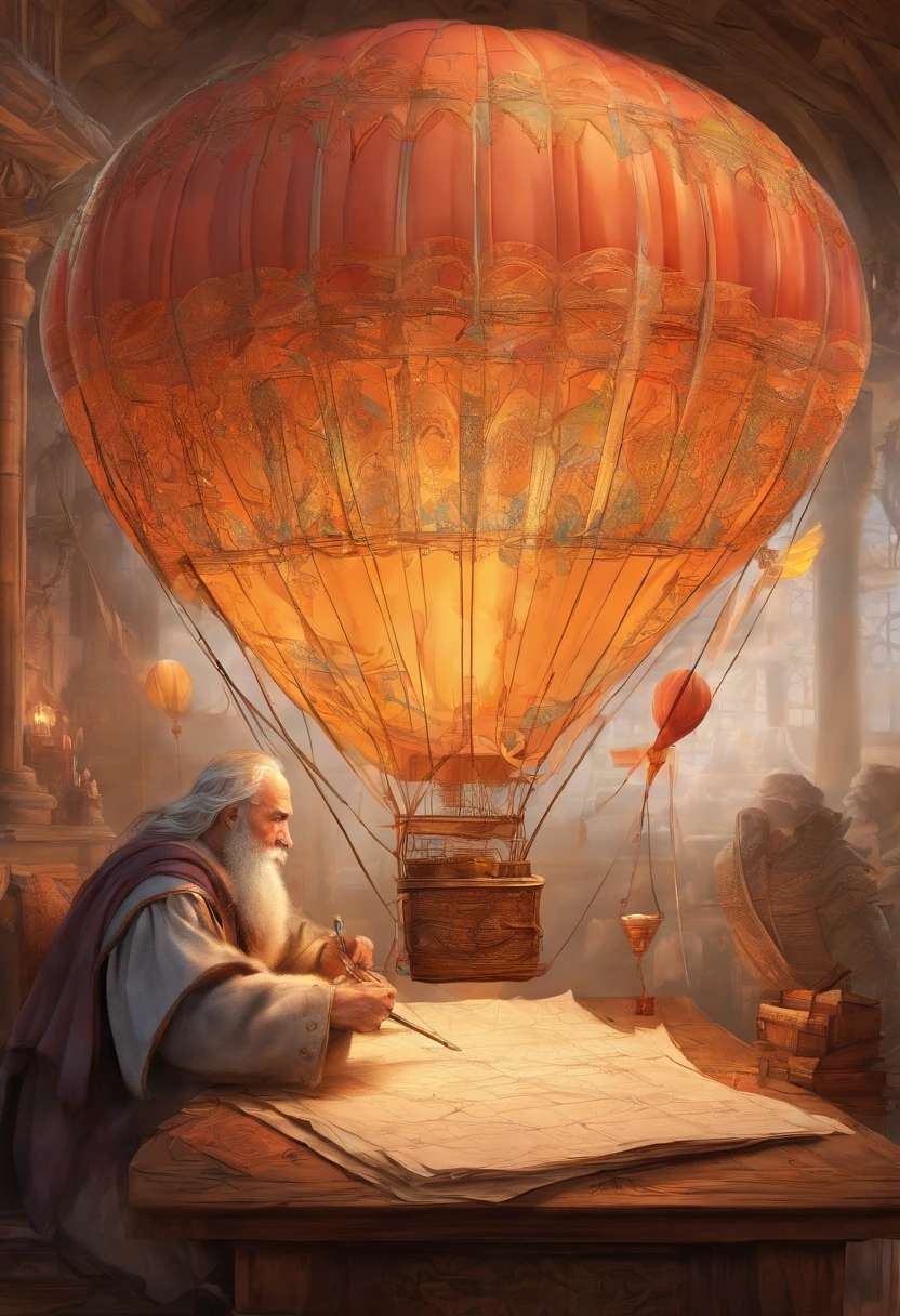 An medieval engineer drawing a plan of a hot air baloon on paper, an old medieval man weaing glasses drawing the plans of a (hot air baloon: 1.5) the lines in the plan are the hot air baloon to exteme details, it is painted paper, with pencil, medival study room background, high details, best quality, 16k, [ultra detailed], masterpiece, best quality, (ultra detailed), full body, ultra wide shot, photorealism 3d rendering 3DMM