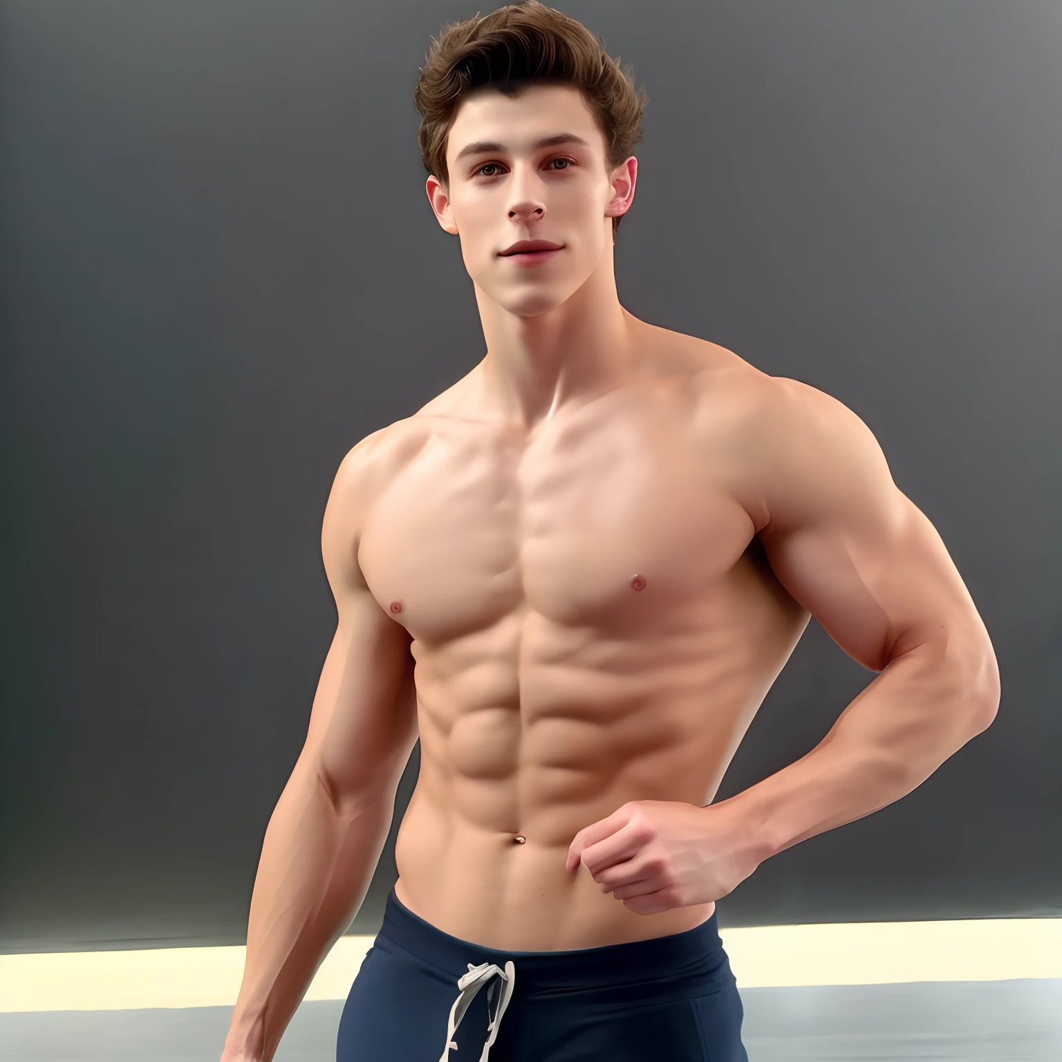 Shawn Mendes nackt mit Sixpack, breiten Schultern, pronounced chest, big biceps . In the picture you can see the entire muscular body, who poses and proudly shows off his body. He stretches his hips forward, which emphasizes the large bulge in the pants