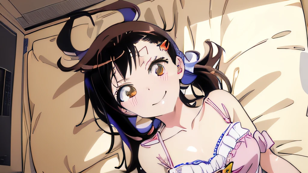 ((masutepiece)), ((Best Quality)), (Ultra-detailed), Anime style, look down from above, on the bed, Cute little girl s, 1girl in, Solo, underwear00, ((Beautiful eyes)), large full breasts, Smile