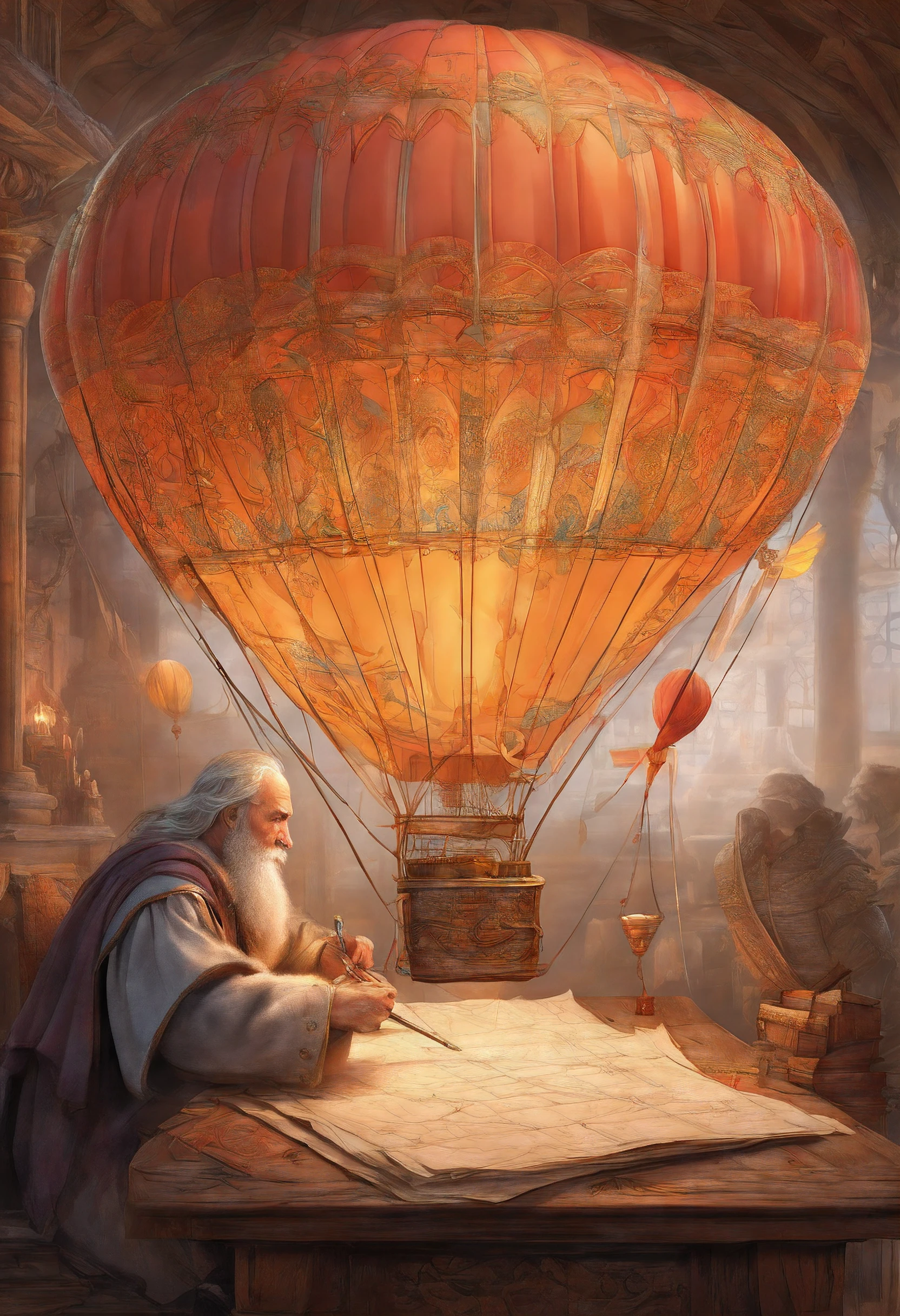 An medieval engineer drawing a plan of a hot air baloon on paper, an old medieval man weaing glasses drawing the plans of a (hot air baloon: 1.5) the lines in the plan are the hot air baloon to exteme details, it is painted paper, with pencil, medival study room background, high details, best quality, 16k, [ultra detailed], masterpiece, best quality, (ultra detailed), full body, ultra wide shot, photorealism 3d rendering 3DMM