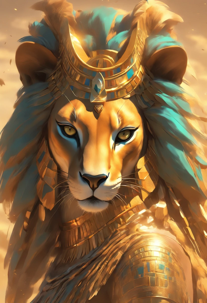 (((Sekhmet))) best quality, ultra-high resolution, CG detalhado 4K, piece of master, Woman, Deusa Felina, Pharaoh's Crown, Adorno, egyptian clothes, Egyptian mythology, deserto, esthetic, ((Feline head)), Standing, Beautiful image, Centrado