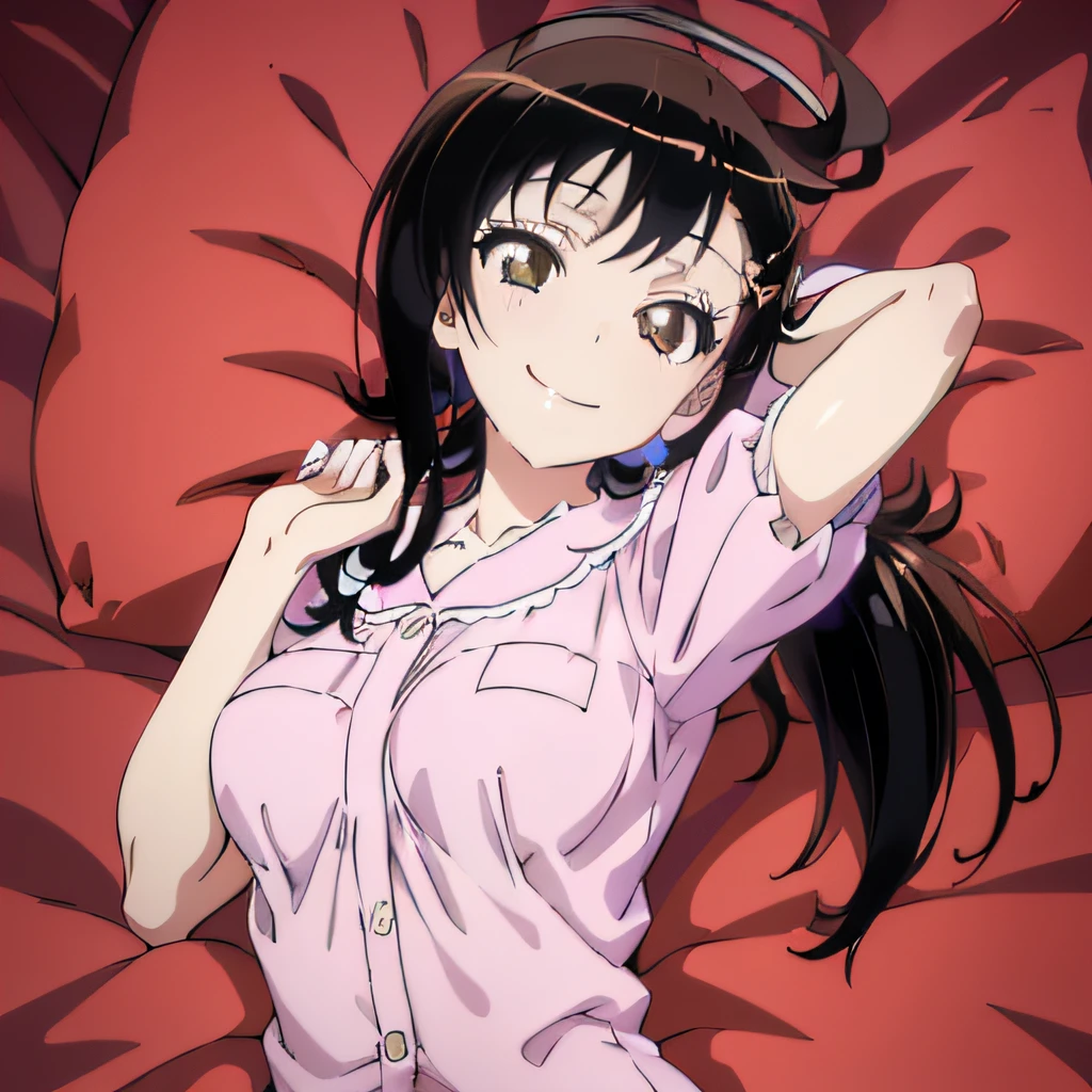 ((masutepiece)), ((Best Quality)), (Ultra-detailed), Anime style, on the bed, Cute little girl s, 1girl in, Solo, Pajamas 00, ((Beautiful eyes)), large full breasts, Smile