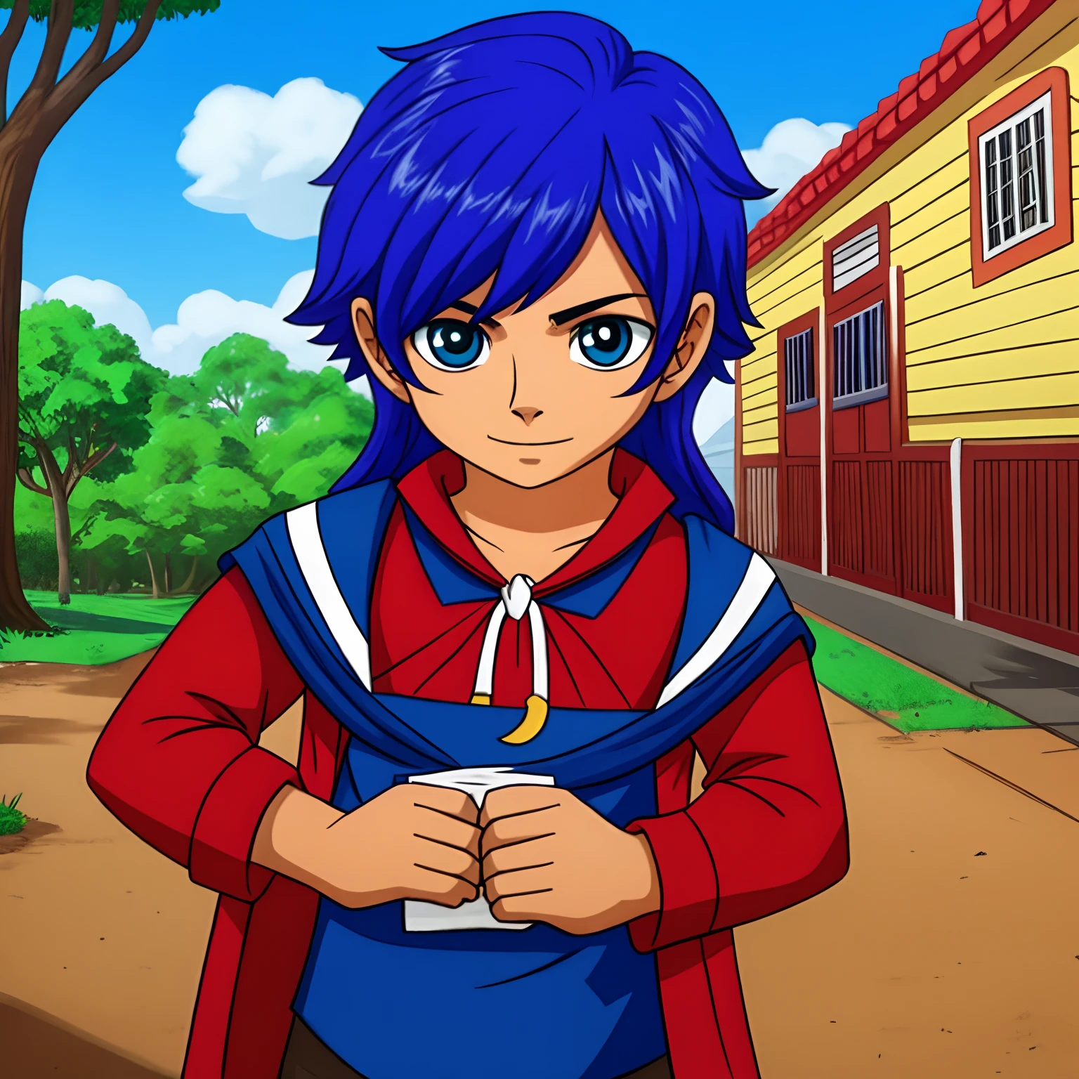 Um garoto de cabelo vermelho vinho olho azul roupa de time na escola