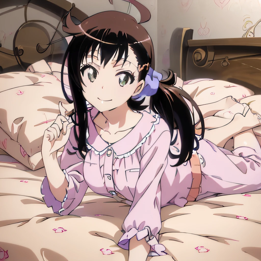 ((masutepiece)), ((Best Quality)), (Ultra-detailed), Anime style, on the bed, Cute little girl s, 1girl in, Solo, Pajamas 00, ((Beautiful eyes)), large full breasts, Smile