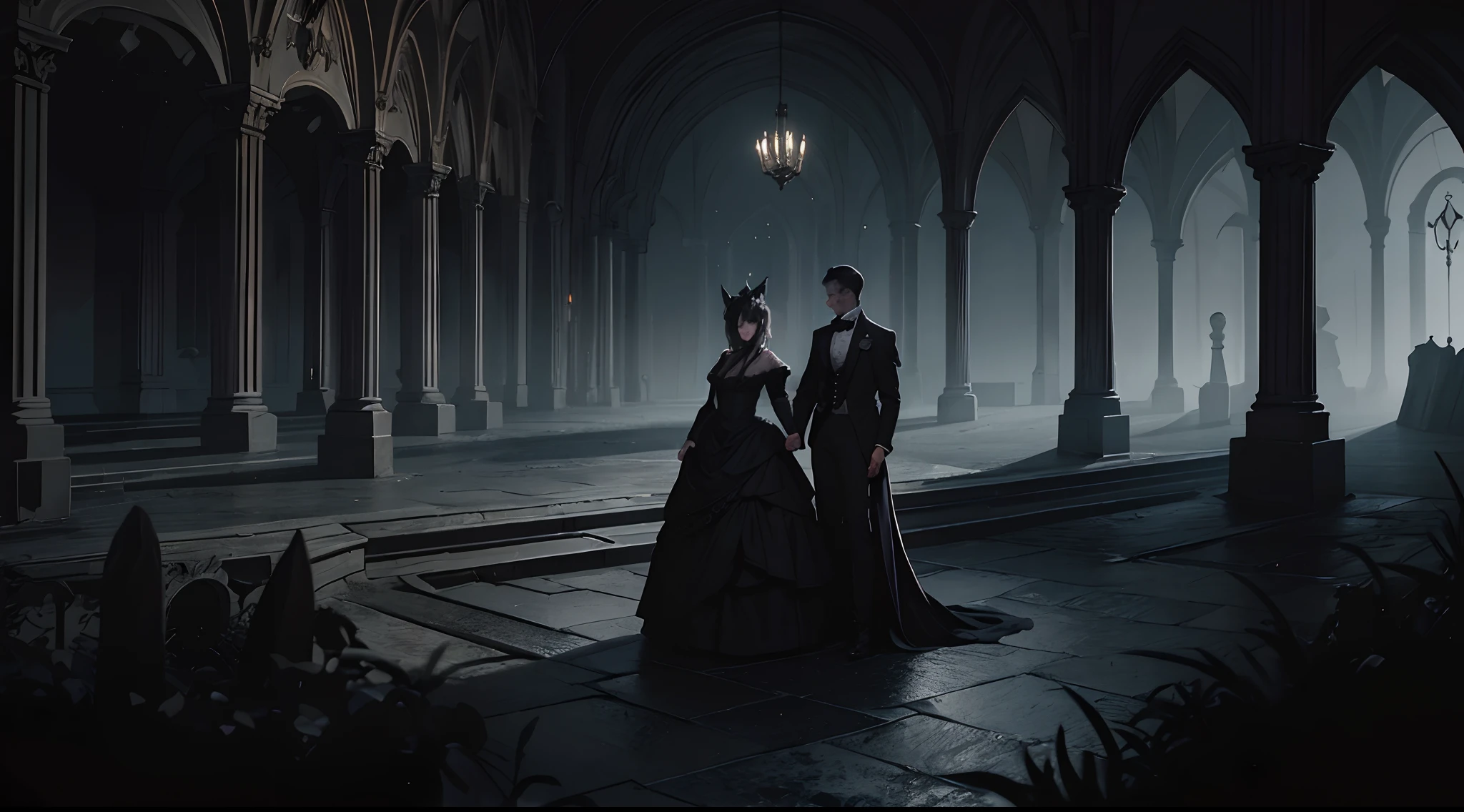 a lot of details, 8K, fentezi, Without people, Magic, darkly, the night, ghotic, vampires, gloom, It's scary, victorian style, hall, ballroom, A lot of black, Dark tones, Gray tones, bloods, --auto