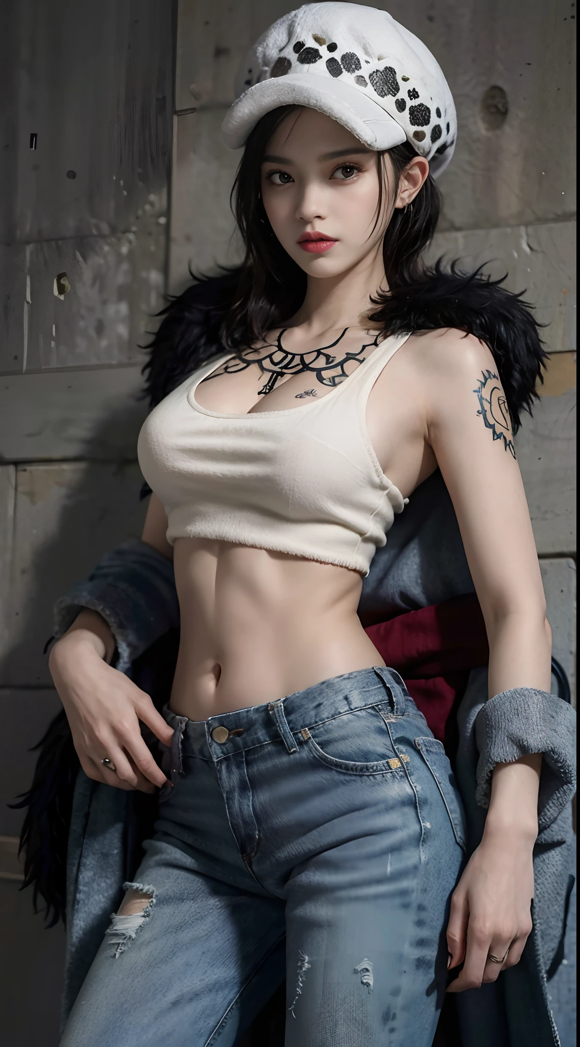 masterpiece, best quality, 8k,highestres, absurdres, extremely detailed, female trafalgar law, 1girl, 1sword, solo, looking at viewer, short hair, medium breasts, hat, navel, cleavage, collarbone, earrings, midriff, pants, coat, fur trim, denim, jeans, shoulder tattoo, hand tattoo, finger tattoo, black fur-trimmed coat, coat on shoulders, yellow tank top,///,
