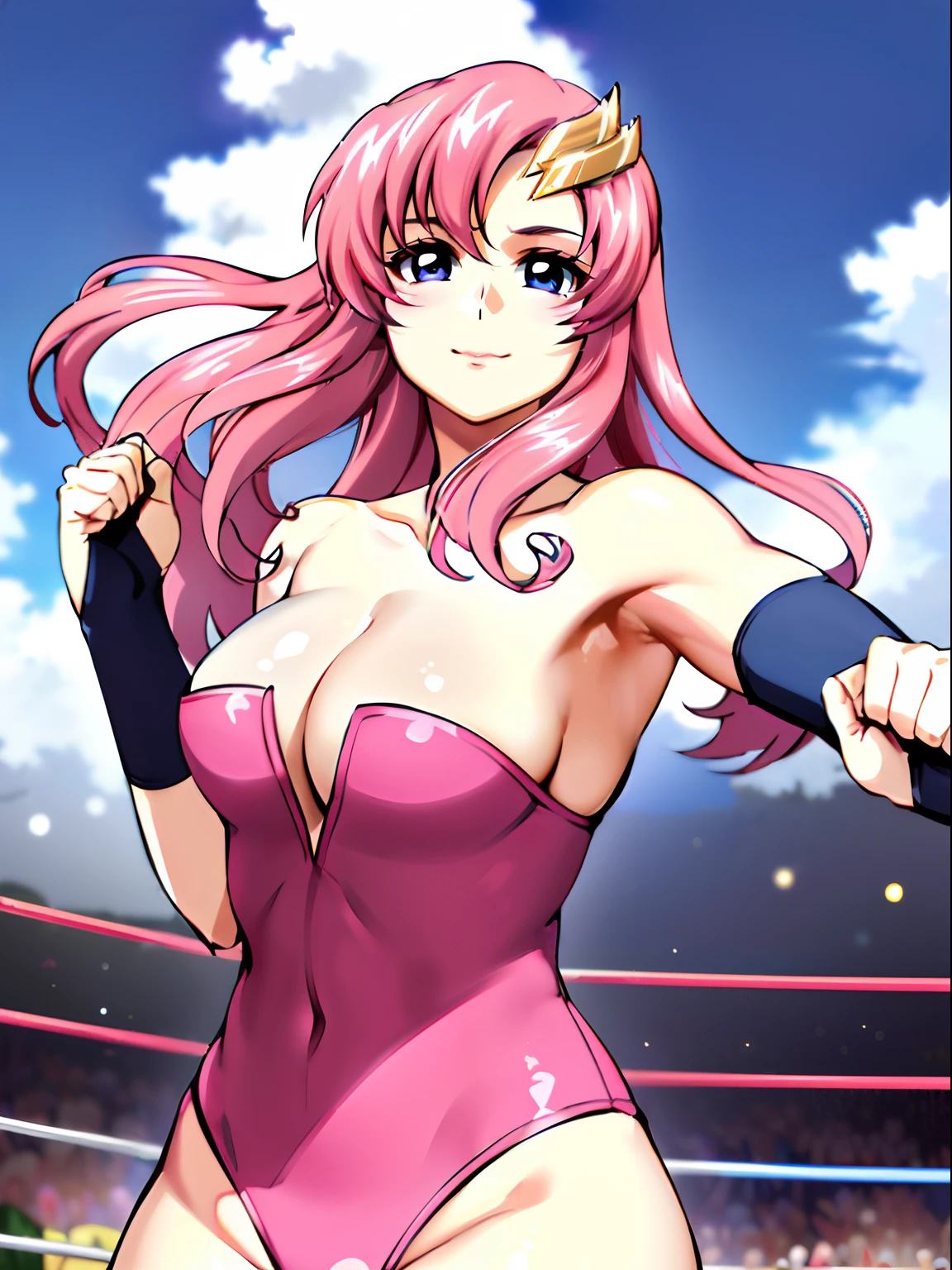 (((pink strapless wrestling outfit))), (masterpiece, , 4K, Best Quality, Anime style: 1.9,, Adult Woman, ultra detailed face, (cloud background, wrestling), Drawing lines, high resolution, Anime, lacus4), 1girl, Solo, curvy figure, Long hair, 鎖骨, scapular, (Detailed wide hair bangs, Hair Ornament, Detailed reddish-pink hair, golden crest), cleavage, large hands, (pro female wrestler). (Big blue eyes, shiny eyes), ((female wrestler, little biceps, slender body, broad shoulders, closed fists, closed mouth)), ((perfect proportions, medium breasts, cleavage, long belly)), (((pink wrestling outfit))),( looking at the viewer, happy),