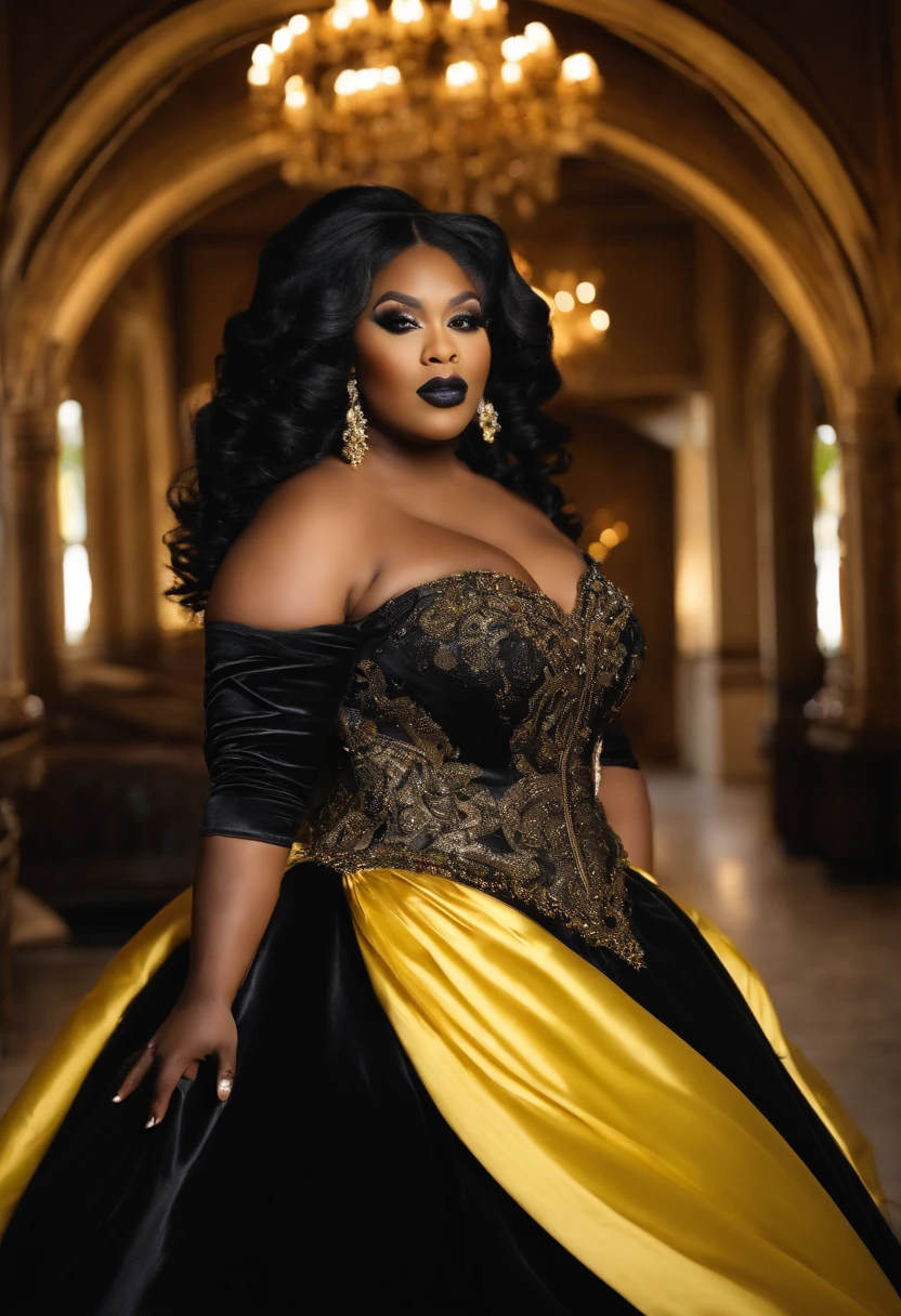 Bbw Ebony bimbo super curvy popstar princess with a lesbian bbw bimbo super giant super curvy popstar princess in gigantic ornate puffy satin black and yellow wedding ball gown , high detail