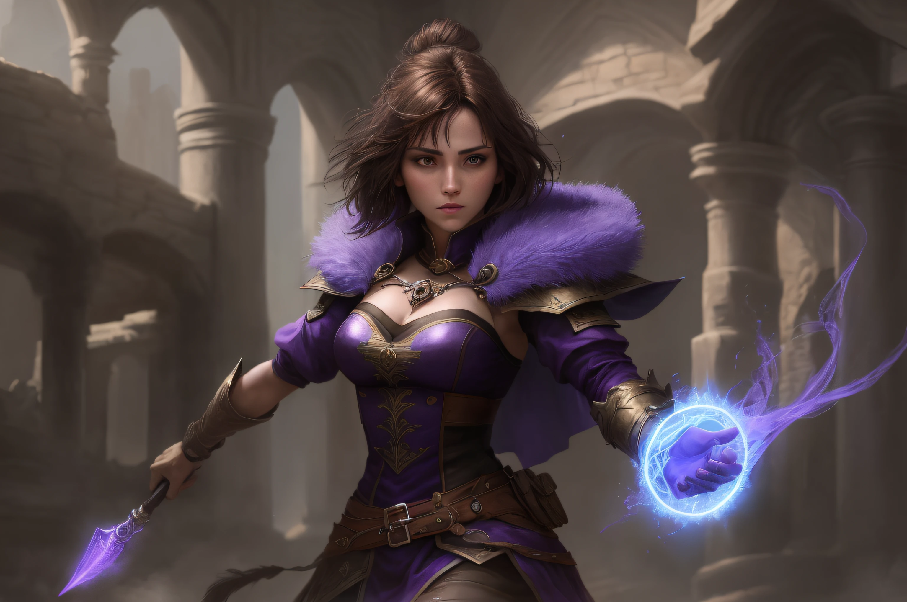 a female warrior sorceress with short brown hair performing purple light magic