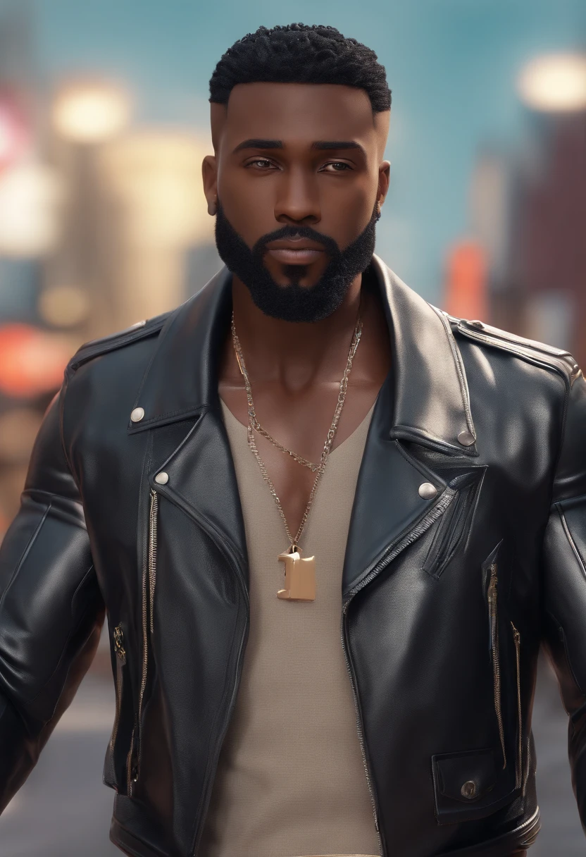 Black man, dark skin, moto leather jacket, muscular, young, long beard, finger wave hair, anime style, sexy, realistic, new york, mystic sky