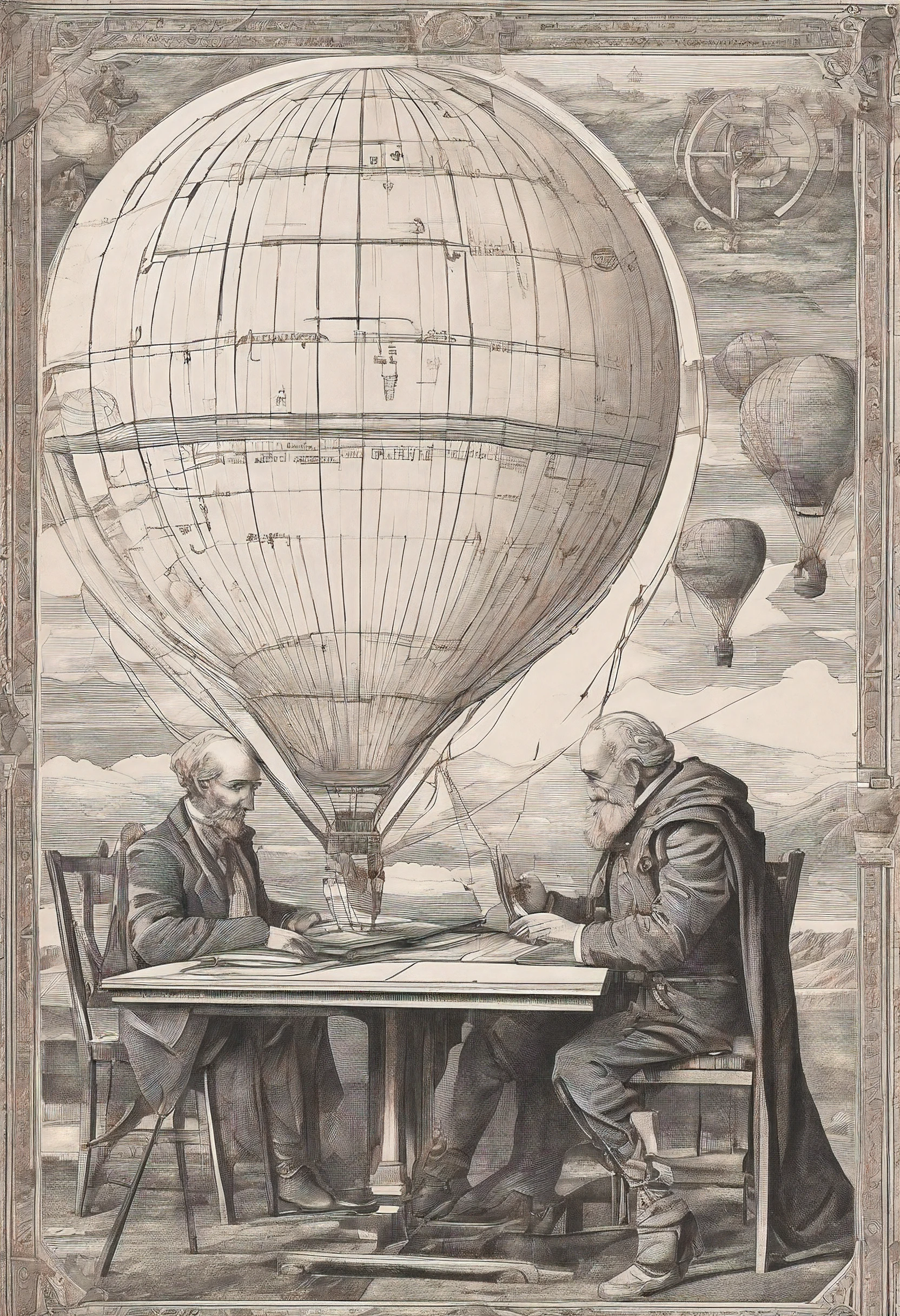 An medieval engineer drawing a plan of a hot air baloon on paper, an old medieval man weaing glasses drawing the plans of a (hot air baloon: 1.5) the lines in the plan are the hot air baloon to exteme details, it is painted paper, with pencil, medival study room background, high details, best quality, 16k, [ultra detailed], masterpiece, best quality, (ultra detailed), full body, ultra wide shot, photorealism 3d rendering 3DMM