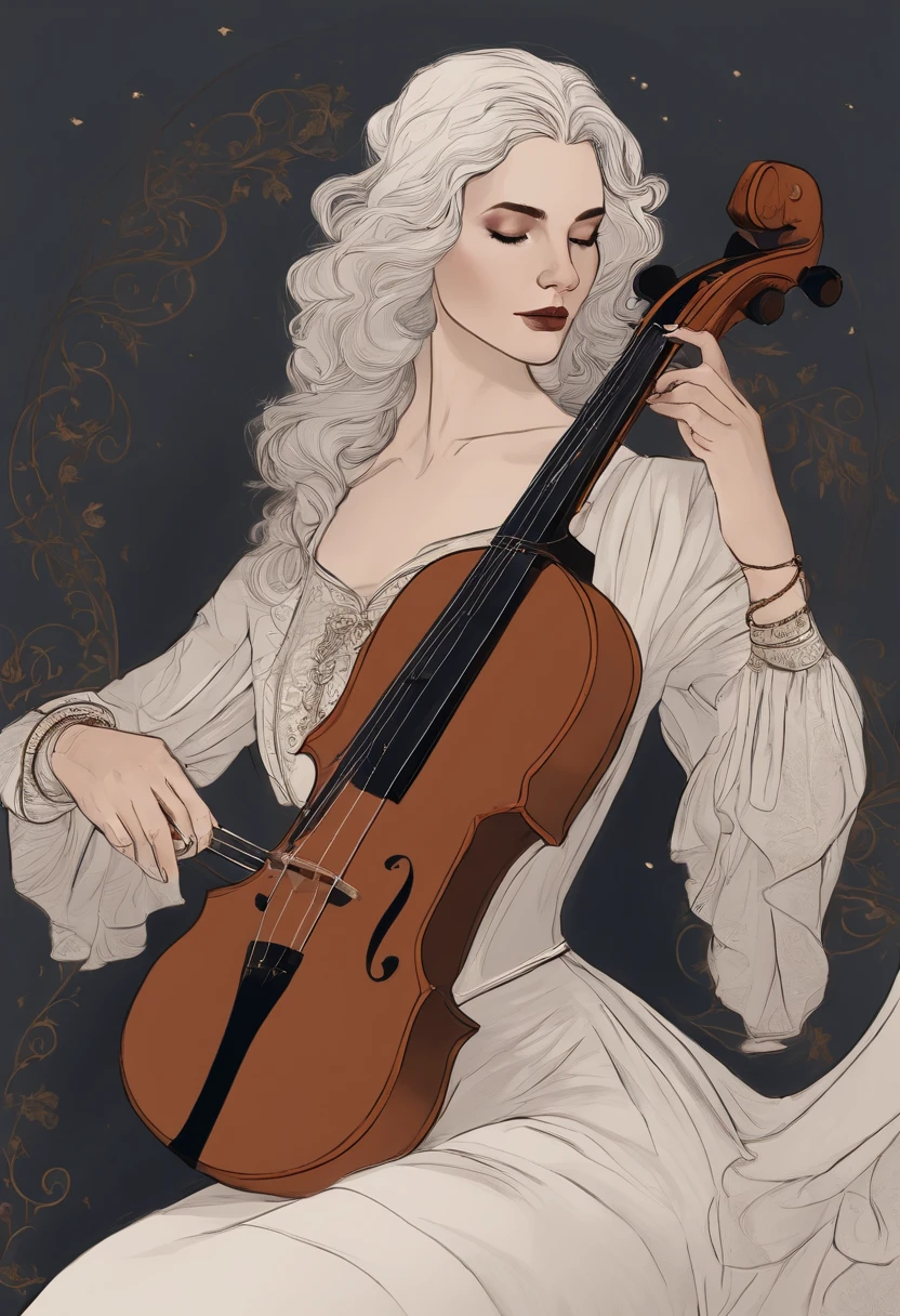 A drawing of a woman with a magic violin and a necklace, um bardo humano, bardo tiefling, Abigail Larson, No estilo de arte de Bowater, (violino fantasia), is playing a lute, classical witch, Morgana, fanart oficial, Preto - Mago Cabelo, Luthien, holding a lute, Yennefer de Vengerberg