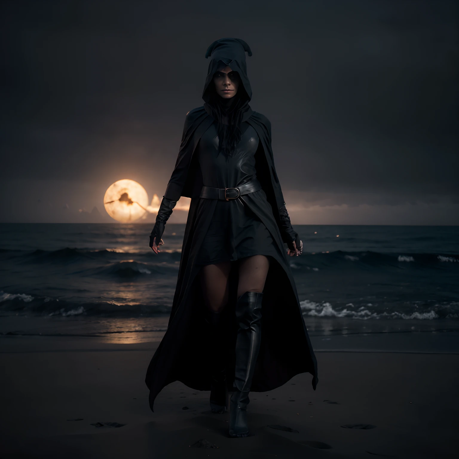 epic realistic,(full body shot), (dark shot:1), Elsa Karlsson as occultist, walking on the sand, wearing a ((black cloak)) on the shoulders and a ((black witch hat)), beautiful legs and feet, realistic, solo_focus, (dark_background), 3d Model sharp focus, studio photo, intricate details, highly detailed, by greg rutkowski
