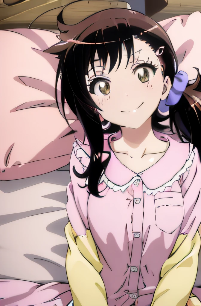 ((masutepiece)), ((Best Quality)), (Ultra-detailed), Anime style, on the bed, **************** s, 1girl in, Solo, Pajamas 00, ((Beautiful eyes)), large full breasts, Smile