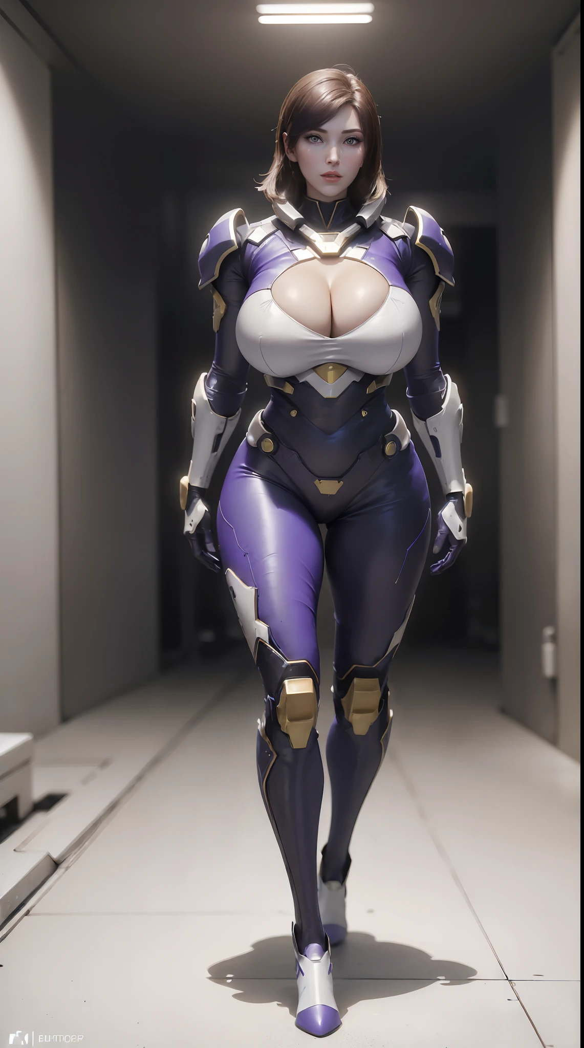 (1GIRL,SOLO:2), (super detailed face), ((black long hair:1)), ((BIG BUTTOCKS, HUGE FAKE BREASTS:1.5)), (CLEAVAGE TOP:1.5), (11 LINE ABS FEMALE:1.4), (MECHA GUARD ARM:1.4), ((WEAR PURPLE WHITE MECHA OVERWATCH ARMOR SUIT, BLACK MECHA SKINTIGHT SUIT PANTS, MECHA GUARD ARMOR LEGS, HIGH HEELS:1.5)), (LEWD VOLUPTUOUS BODY:1.3), (GLOWING SKIN:0.8), (SEXY LONG LEGS, FULL BODY:1.3), (LOOKING AT VIEWER:1.3), (female focus:0.886), (WALKING DOWN HALLWAY OF FUTURISTIC SPACE STATION:1), (BRIGHT LIGHT WHITEROOM:1.3), SUPER TEXTURE, UNREAL ENGINE RENDER, PHYSICALLY-BASED RENDERING, ULTRA HIGHT DEFINITION, 16K, 1080P.