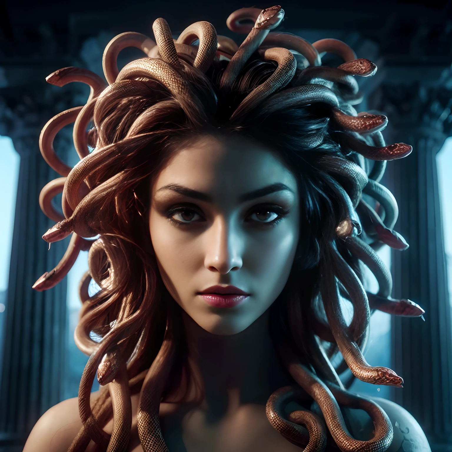 photorealistic:1.2, the Greek mythological creature Medusa, A very beautiful woman with a long hair made of snakes, her eyes are glowing, she is looking at the camera,she is an ancient geek temple, ancient Greek architecture, photorealistic, shot by ARRI ALEXA 65, 50mm lens, cinematic lighting, studio light, rim light, high contrast, soft colors