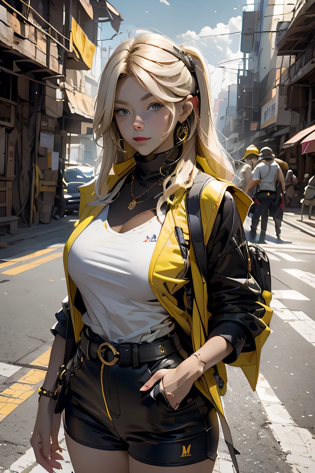 best quality, highres, solo, blonde hair, a female character is wearing a yellow and black colored outfit with a backpack and a yellow vest, dark black and yellow travel & sports leisure, blue eyes, long hair, hoop earrings, headphones, chunky cuban link jewelry, medium breasts, loose and fluid, pigeoncore, elaborate costumes, neo-dadaist, outdoor conference, mechanized precision, in the style of mecha sci-fi anime