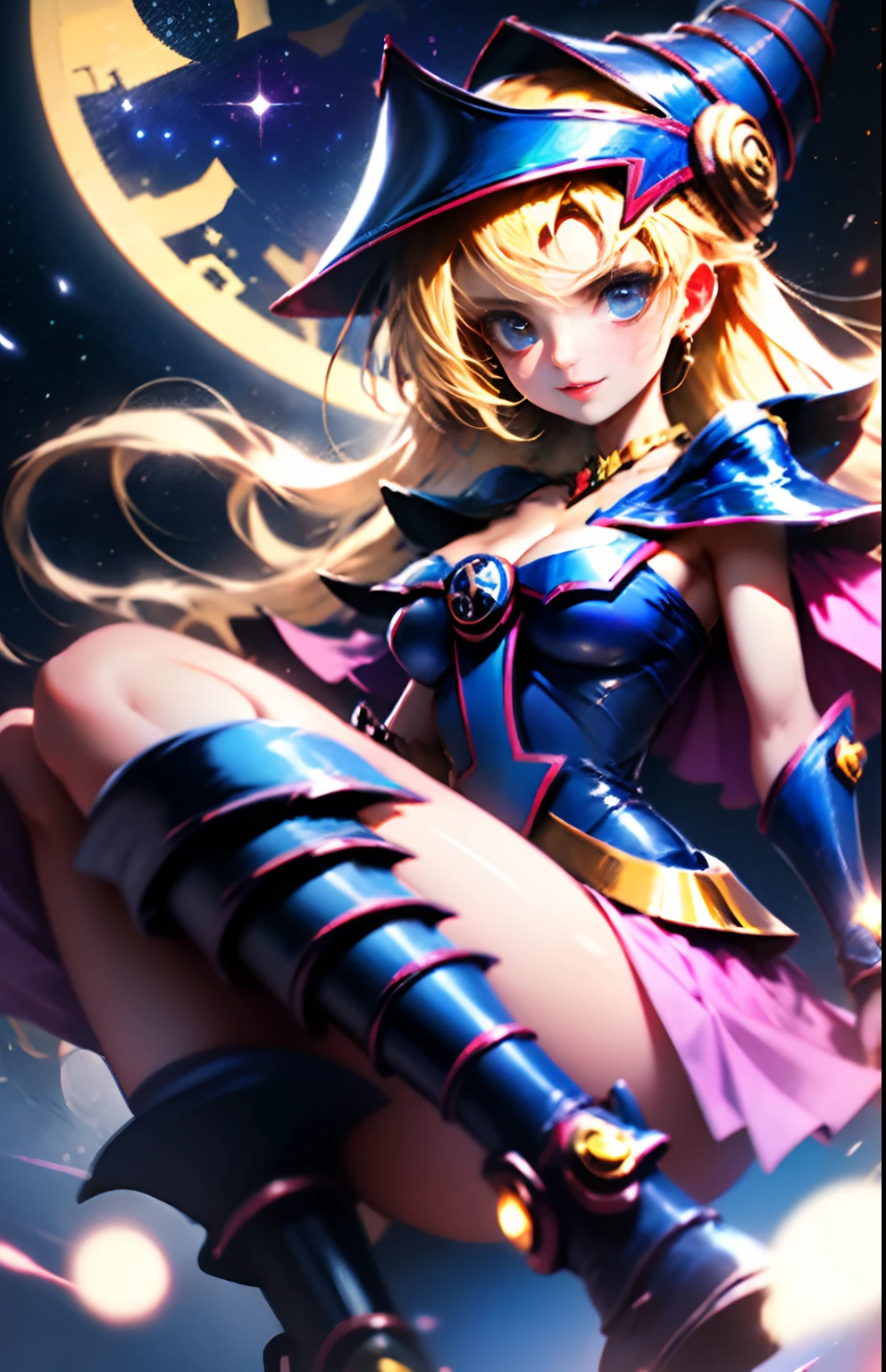 Una masterpice、La mejor calidad、(1 girl in)、(dark magician gils:1.3)、Lente vaquero、En el cielo nocturno、luces de luna、por la noche、Guante、ojos azules、Fondo de galaxia、Mini falda plisada azul oscuro:1.3,Blanco:1.4, dark magician gils :1.1,Large bust:1.2,Leche rica:1.2 cabellos rubios:1.2、una sonrisa,Hair ornamentsheart brooch:1.2、arete、creciente、heart necklace、Heart Mark、Pelo extra muy largo、Botas largas、Botas rojas hasta la rodilla:1.1、piernas largas,falda grieta:1.3