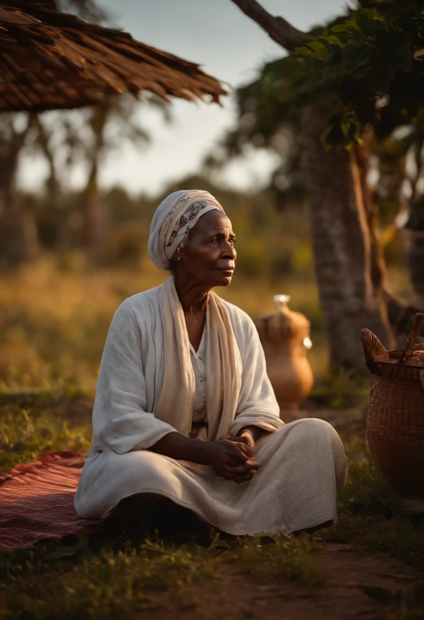 Foto hiper realista de um senhora de 70 anos, de origem africana, Sitting in front of a little house in the middle of the plantations, wears cotton clothes with a long plaid skirt and headscarf. Your face has a lot of wrinkles and expression marks, Sad and serious look. Is saying prayers holding a white candle lit. Dark background with global illumination and volumetric light, Texturas hiper-realistas, Captured in 8K resolution with a tone-mapping HDR effect.