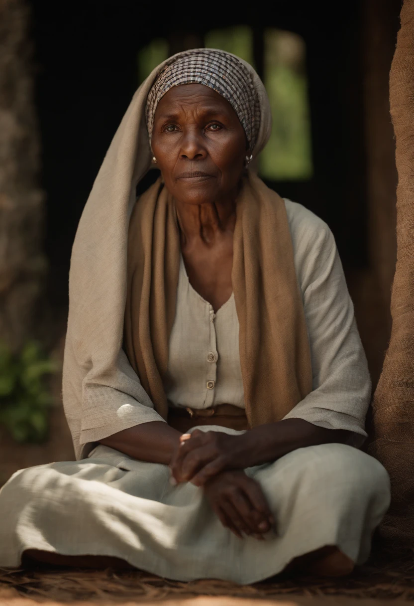 Foto hiper realista de um senhora de 70 anos,  de origem africana, Sitting in front of a little house in the middle of the plantations, wears cotton clothes with a long plaid skirt and headscarf. Your face has a lot of wrinkles and expression marks, Sad and serious look. Is saying prayers holding a white candle lit. Dark background with global illumination and volumetric light, Texturas hiper-realistas, Captured in 8K resolution with a tone-mapping HDR effect.