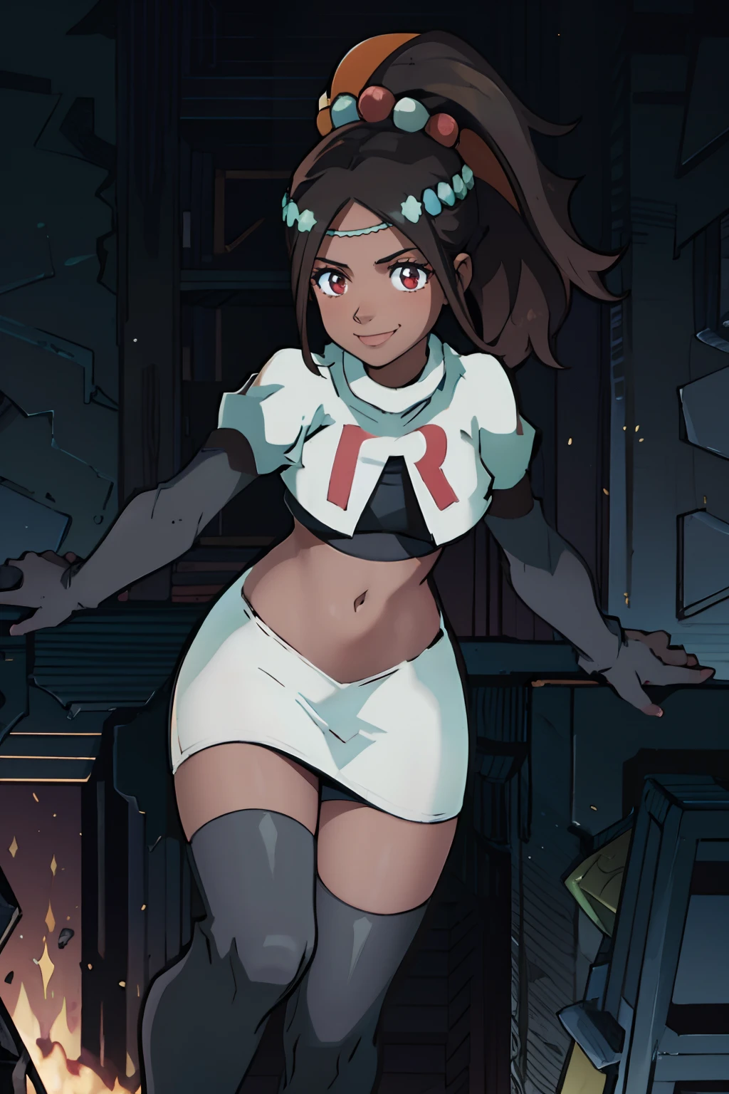 timerra, hair ornament, rocket,team rocket uniform, red letter R, white skirt,white crop top,black thigh-highs,black elbow gloves, confident smile, dark skin