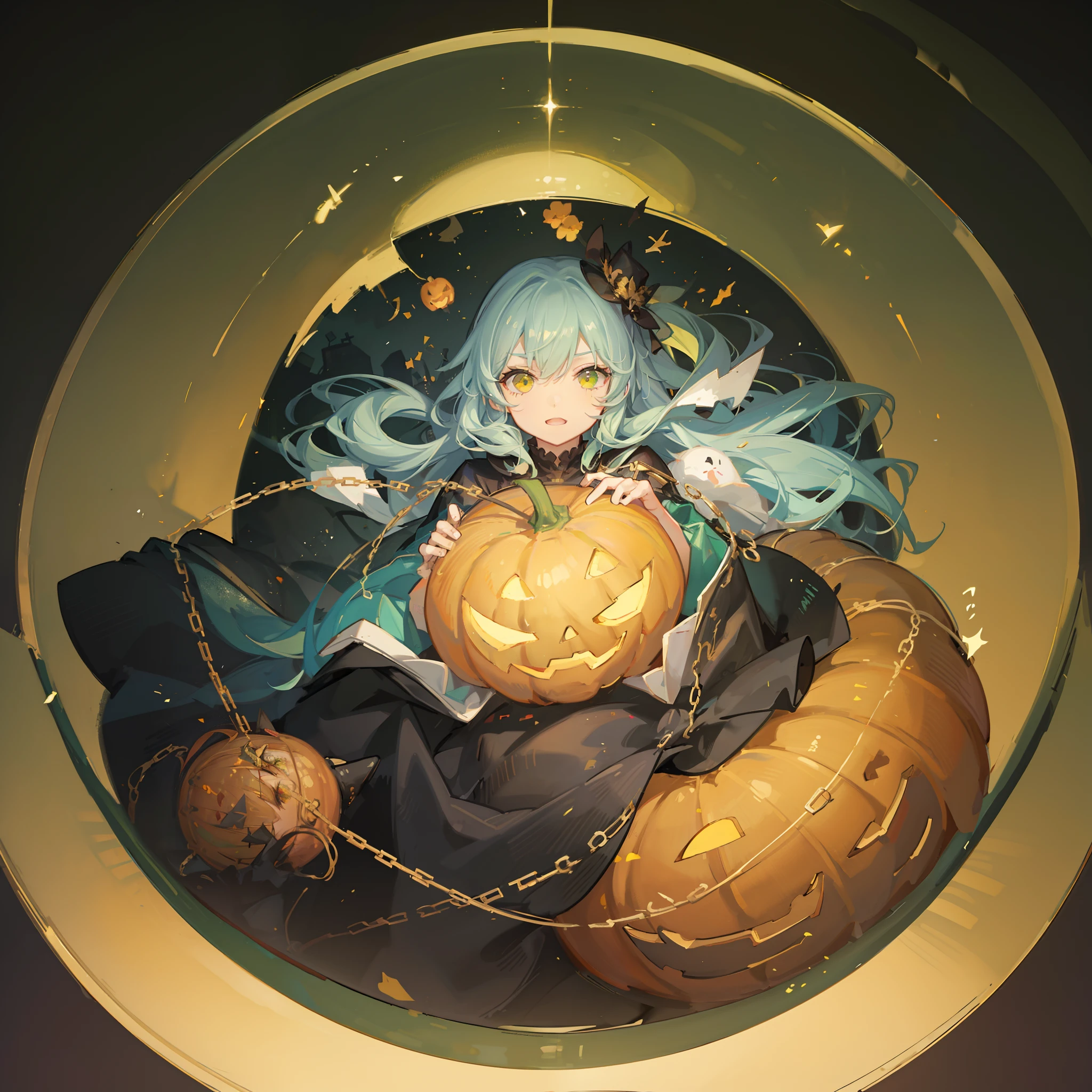 masterpiece, best quality, 2D,
1girl, chibi, green hair, yellow eyes, detailed beautiful face and eyes,
halloween, jack-o'-lantern,
ultra detailed, highres, super fine illustration, 8k, anime screencap,
