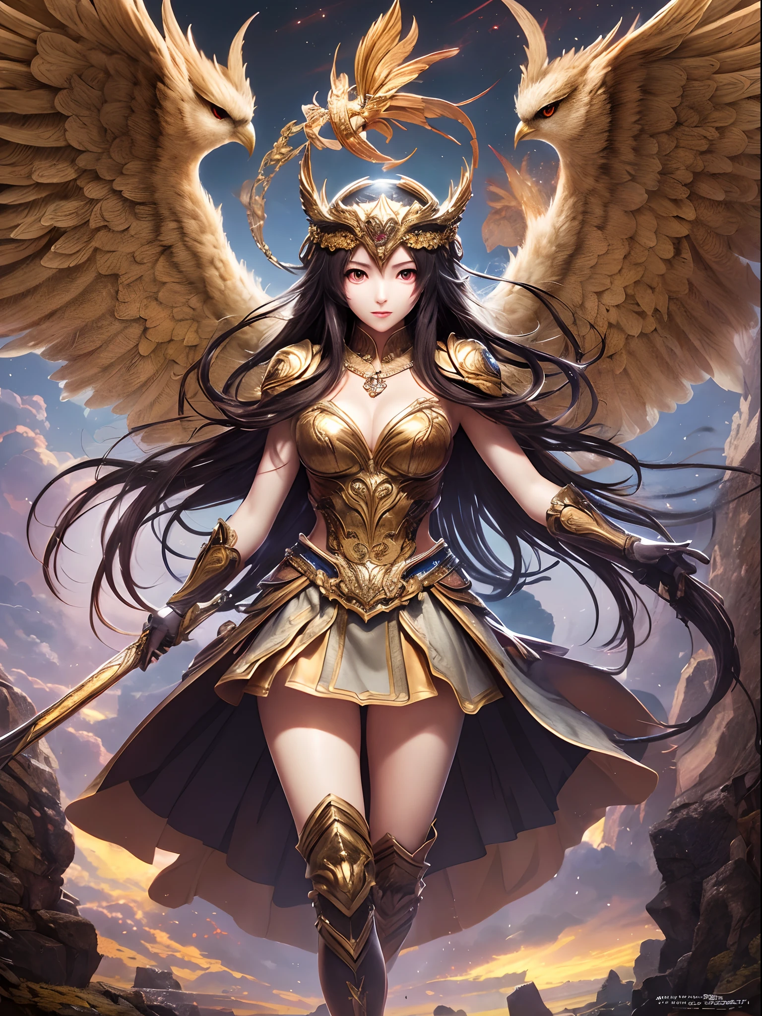 ((Finest quality)),(超A high resolution),(ultra-detailliert),((Best Anime)),sharpnes,Clear,Fantasy art with astounding depictions, (Athena), (owls),Ancient battlefields