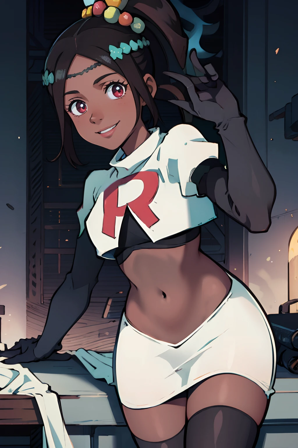 A girl in a garden, (masterpiece, best quality, ultra-detailed) nemona, (dark skin:1.3), long eyelashes, Team Rocket, Team Rocket uniform, red letter R, white skirt, short white crop top, black thigh-highs, black elbow gloves,  nsfw, large breasts, flashing tits