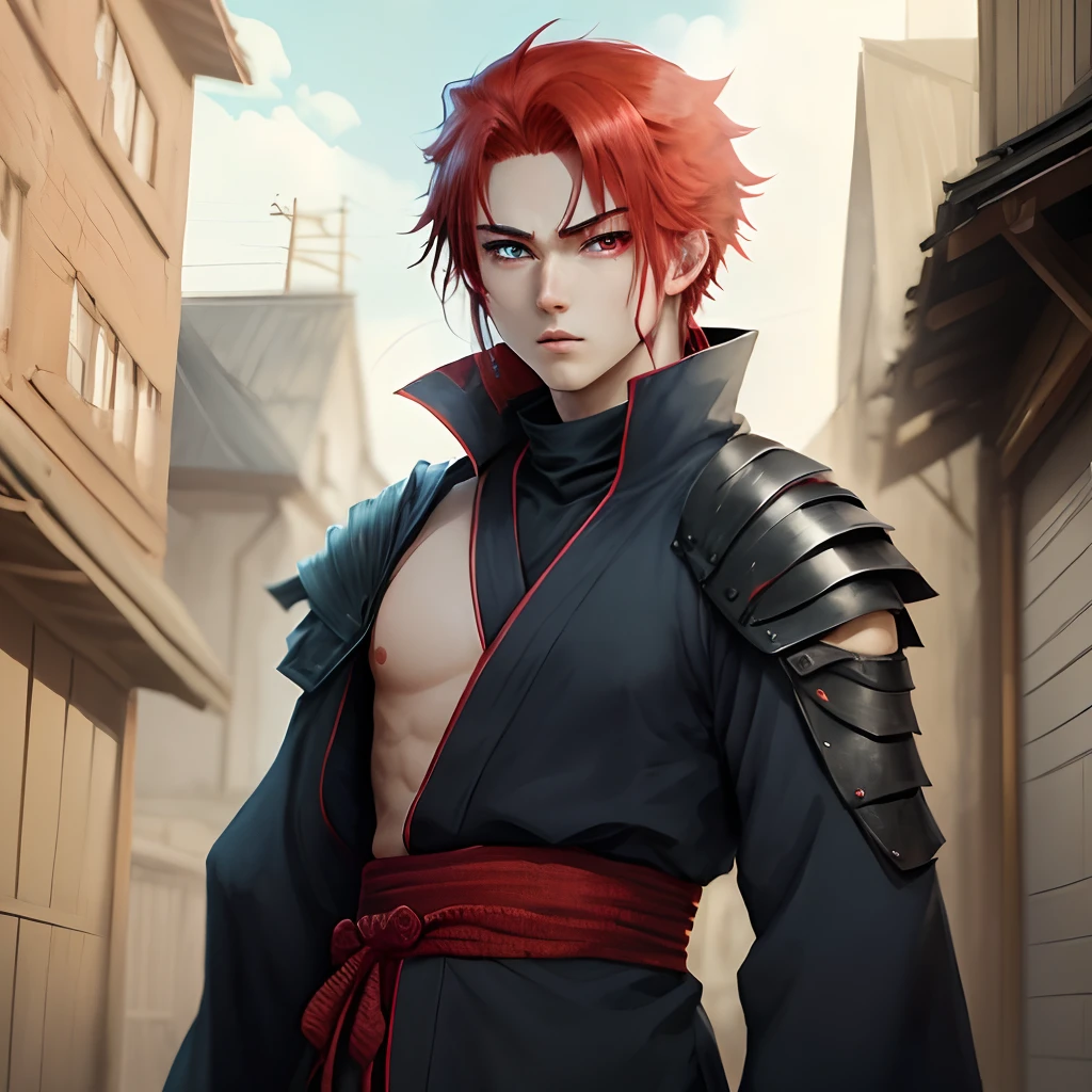 Two eye colors crimson red hair anime ninja