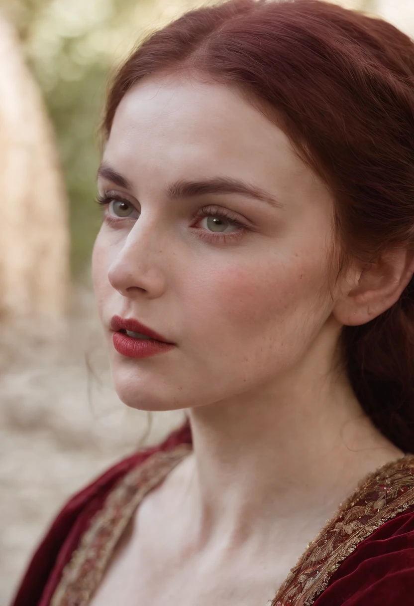 (((A deep reddish wound runs through his left cheek))) teint clair, woman about 19 years old, cheveux blancs naturels, Yeux verts distinctifs, Wearing kohl, mince et gracieux, beau, Candlelight in a medieval setting, Mise au point ultra nette, Realistic shooting, Medieval women's clothing, Tetradic colors (cicatrice:1.4)