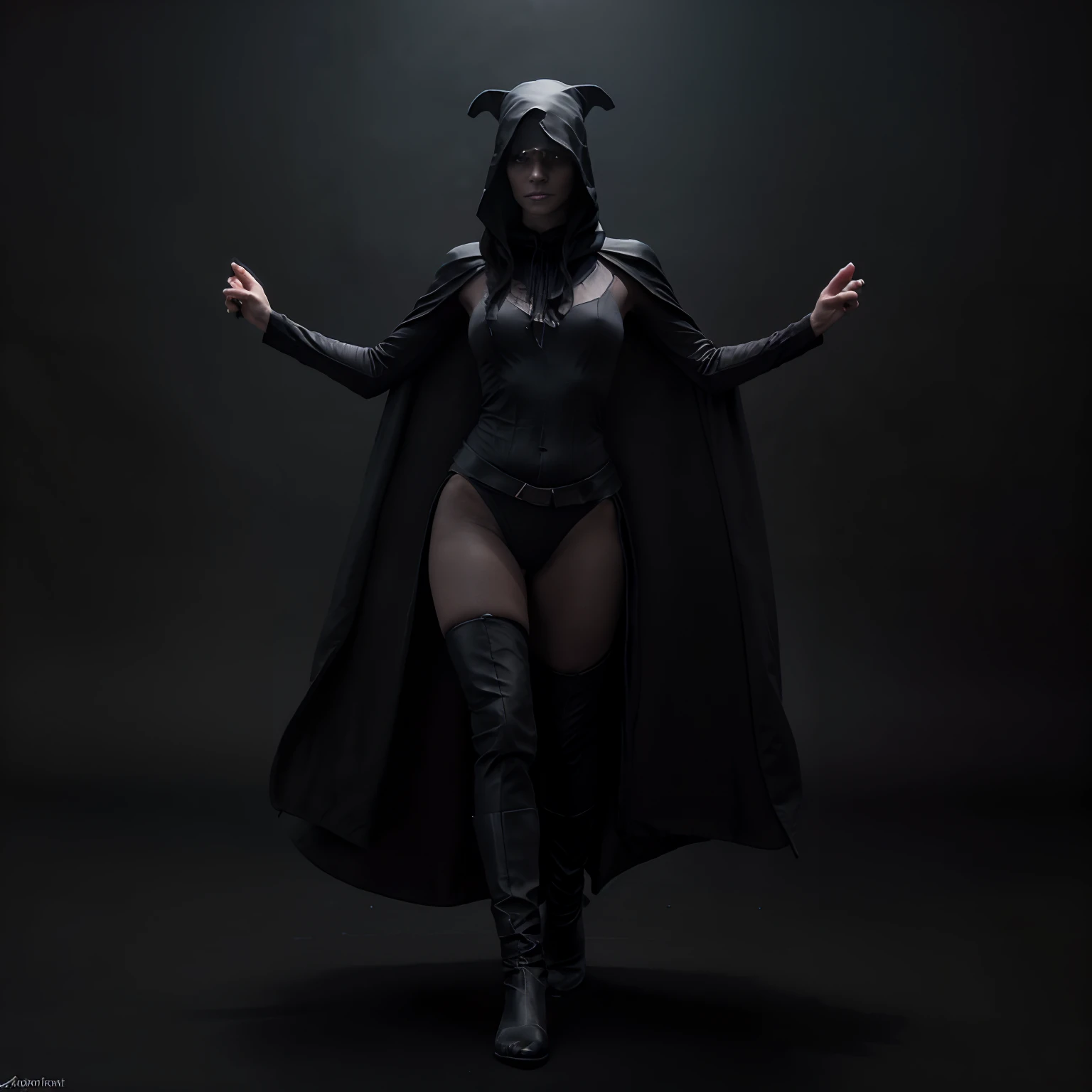epic realistic,(full body shot), (dark shot:1), Elsa Karlsson as occultist, walking on the sand, wearing a ((black cloak)) on the shoulders and a ((black witch hat)), beautiful legs and feet, realistic, solo_focus, (dark_background), 3d Model sharp focus, studio photo, intricate details, highly detailed, by greg rutkowski