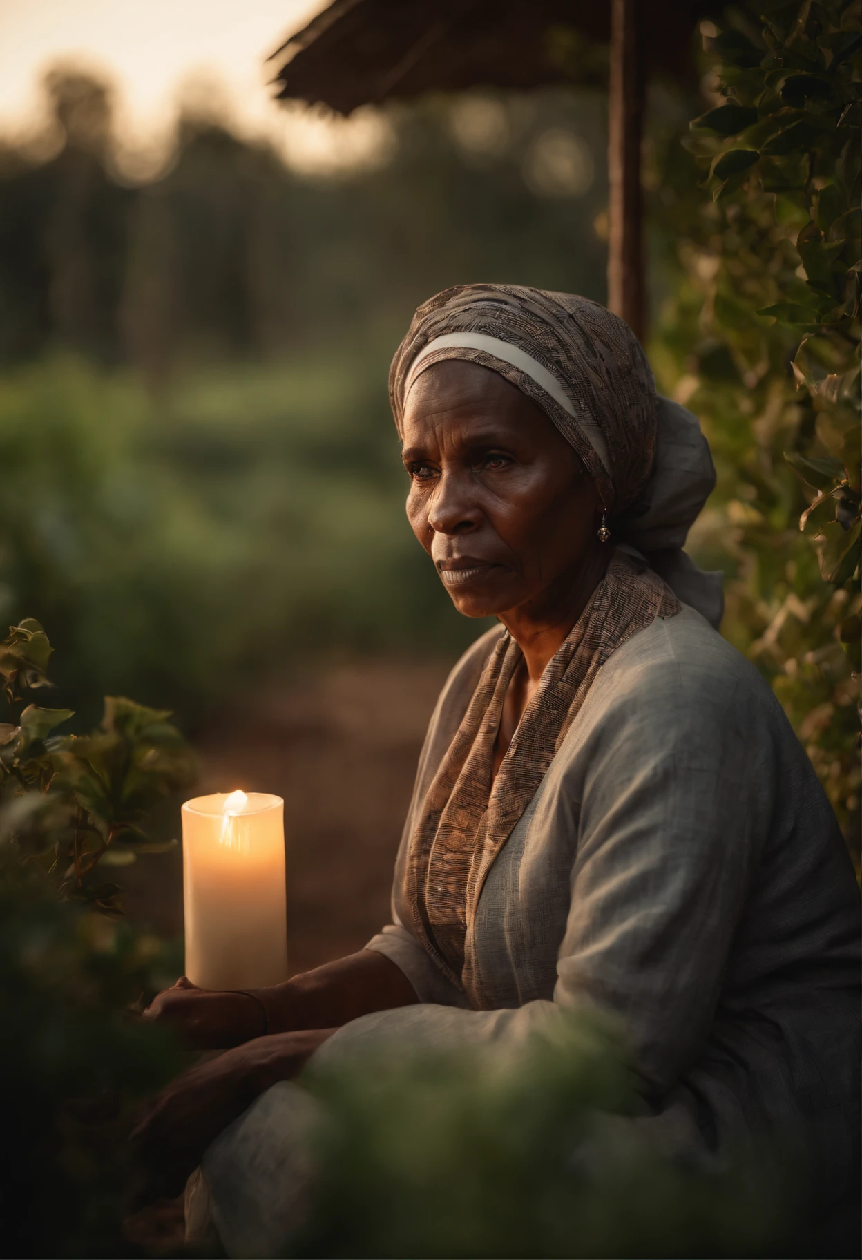 Foto hiper realista de um senhora de 70 anos, de origem africana, Sitting in front of a little house in the middle of the plantations, wears cotton clothes with a long plaid skirt and headscarf. Your face has a lot of wrinkles and expression marks, Sad and serious look. Is saying prayers holding a white candle lit. Dark background with global illumination and volumetric light, Texturas hiper-realistas, Captured in 8K resolution with a tone-mapping HDR effect.