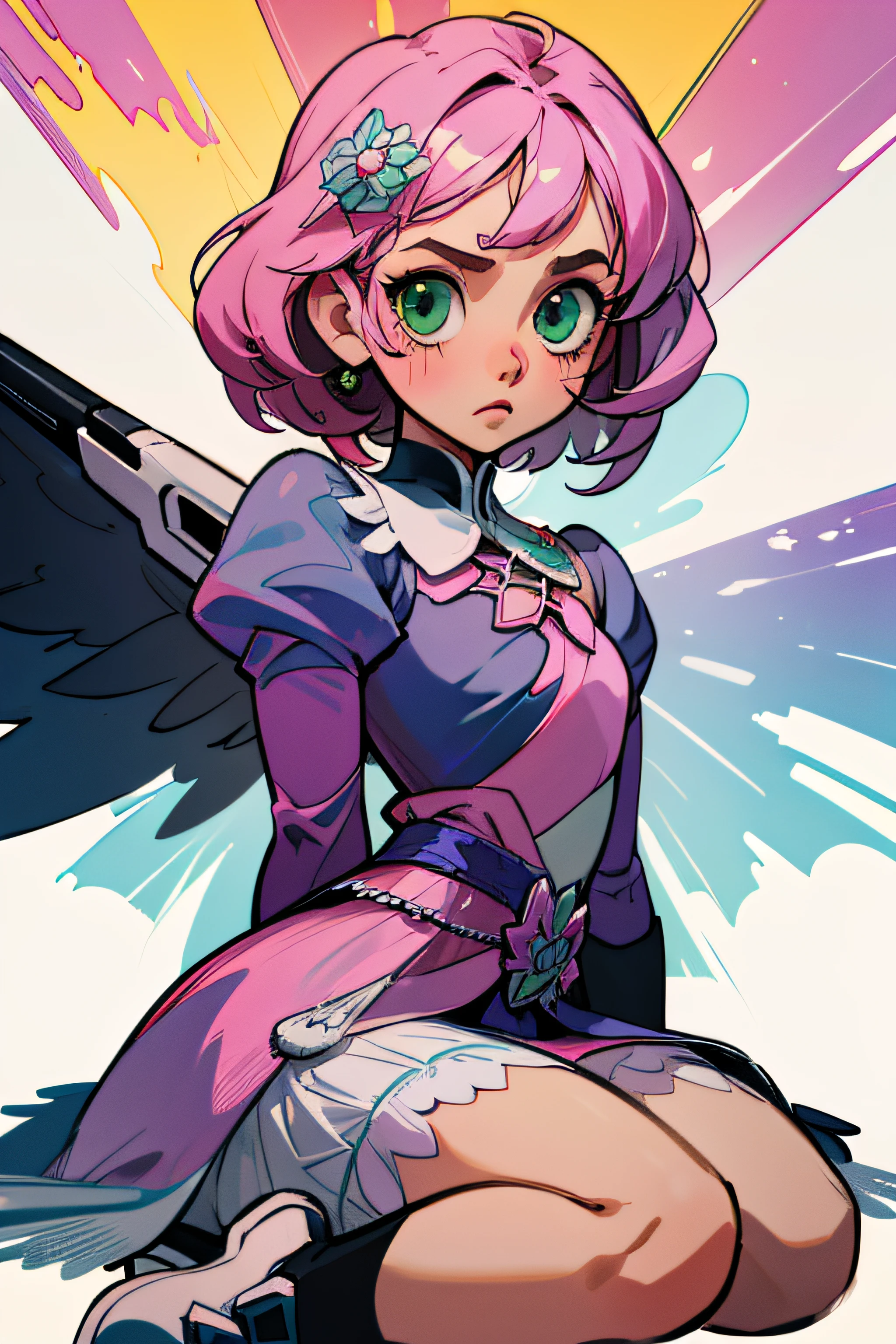 Alisa bosconovitch, melhor qualidade, contemporary, estilo plano, minimalismo, Green Eyes Flat Illustration, cabelo rosa, cabelo curto, cabelos multicoloridos, Camisa Preta, mechanical wings, Head Portrait Close-U, peito pontudo, decote, super decote, middlebreasts, Tekken，cabelo rosa pastel, 1girl, em quimono, hand-painted，Desenho de linha sem cor, colorida do yandere pastel, Tekken, com roupa de empregada，figura esbelta，robusto，He sat on the floor，Vestido com roupas de empregada rosa e branco，cabelos muito curtos，com orelhas de gato，quadratic element，, kawaii cor-de-rosa na roupa da era de 1910, Alisa Bosconovich pink lips, no estilo da paleta de cores suave aurorapunk, an anime illustration of his face, gifs animados, hand drawn animation, charming sketches, suave e brilhante, romantismo nebuloso, Estilo Superflat, fundo branco - ar 1:1 - niji 5 - estilo expressivo --s 50