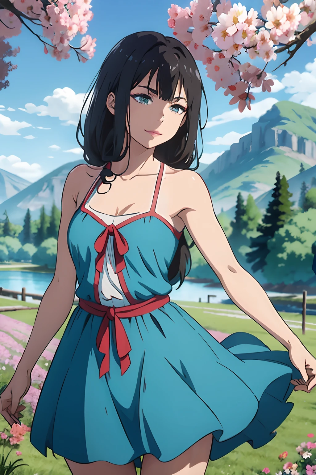 cowboy shot, 1girl,  long hair,makeup, red lips, green eyes, (beautiful blue dress), ((bare shoulders)), upper body, dancing, masterpiece, best quality, (colorful),volumatic light, ray tracing,extremely detailed CG unity 8k wallpaper,smile,((flying petal)),(Flowery meadow), sunny,sunshine, light, fantasy, windy, magic sparks, trees, lake, mountains, ((flowers)),harano, attack on titan