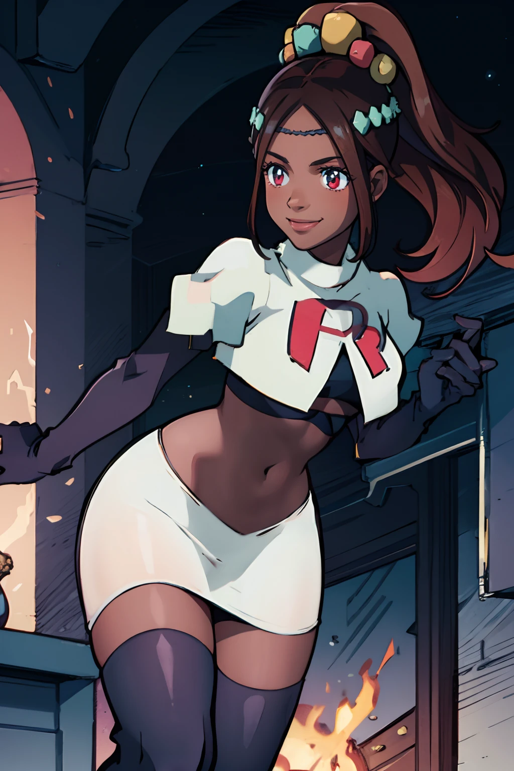 timerra, hair ornament, rocket,team rocket uniform, red letter R, white skirt,white crop top,black thigh-highs,black elbow gloves, confident smile, dark skin, looking towards the sky