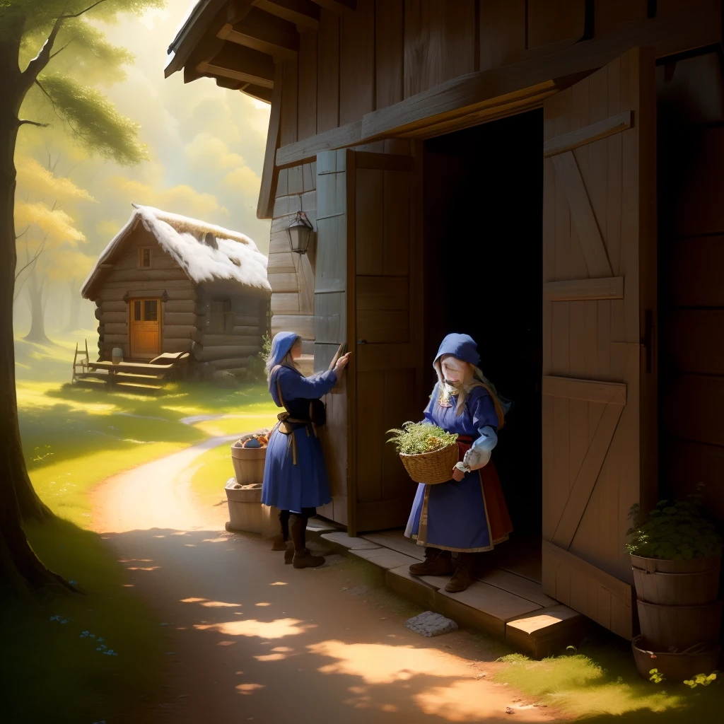 Miscellaneous medieval dwarves, Near a rustic cabin by a wooded area, realizando tarefas rotineiras, A peasant girl picking fruits. Realista, cinemactic, lighting dramatic.