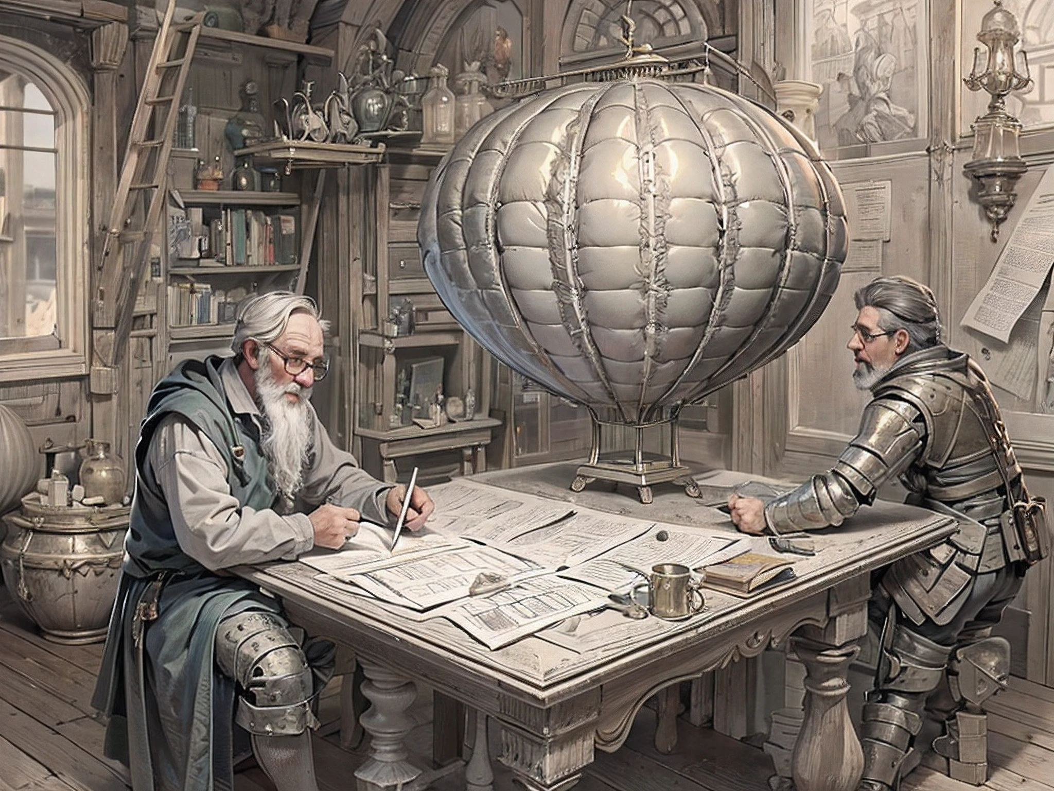 An medieval engineer drawing a plan of a hot air baloon on paper, an old medieval man weaing glasses drawing the plans of a (hot air baloon: 1.5) the lines in the plan are the hot air baloon to exteme details, it is painted paper, with pencil, medival study room background, high details, best quality, 16k, [ultra detailed], masterpiece, best quality, (ultra detailed), full body, ultra wide shot, photorealism 3d rendering 3DMM
