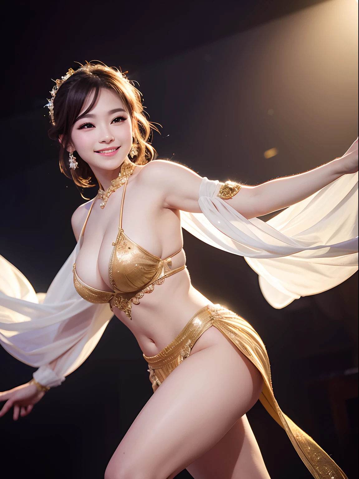 Dancers on stage、Accurate face、beutiful breast、Feminine body、​masterpiece、spot light、Detailed shading、highcontrast、top-quality、Top image quality、a smile