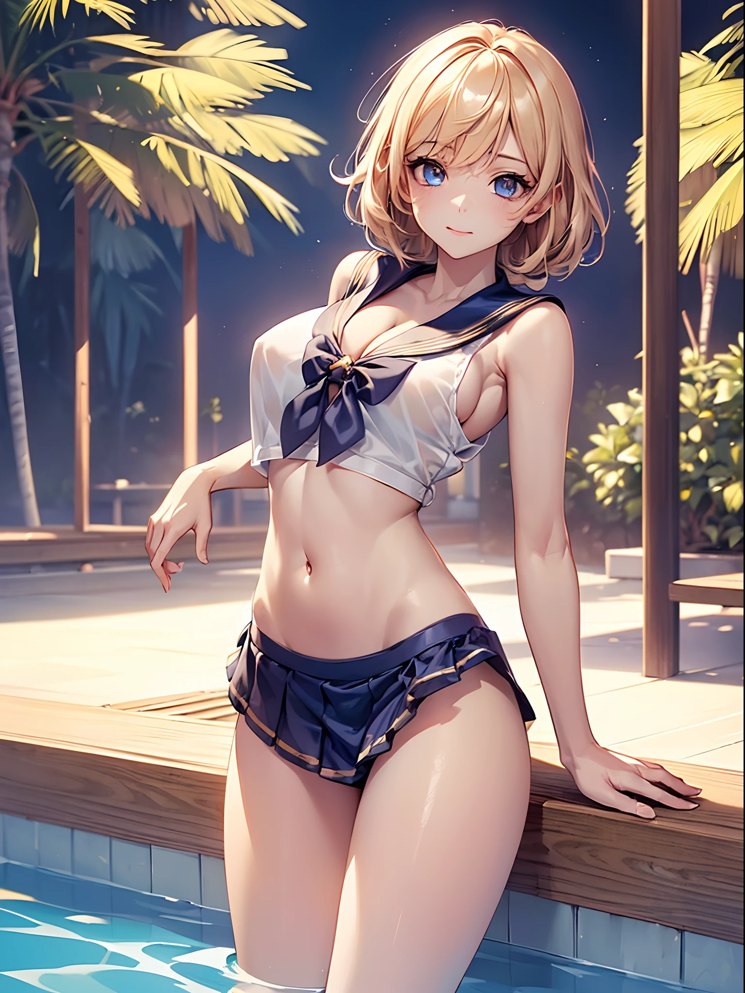 (((toppless))), (((Showing off the legs))), (((large full breasts))), (((show off cleavage))), extremely detailed CG unified 8k wallpaper, very fine 8KCG wallpaper, (​masterpiece, Best Quality), High resolution, Ultra-detailed, ultra-sharp, 1 girl ,Naked, in poolside, ((( Light sailor shirt, Sleeveless, Open front))), (((Navel ))),  (((Sheer Micro Mini Skirt))),  (Beautiful face, Cute face, Detailed face),  (((Detailed beautiful eyes))), (((Sunny))), Perfect Eyes Eyes