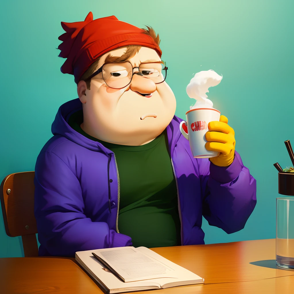 Peter griffin with puff jacket and cup of lean