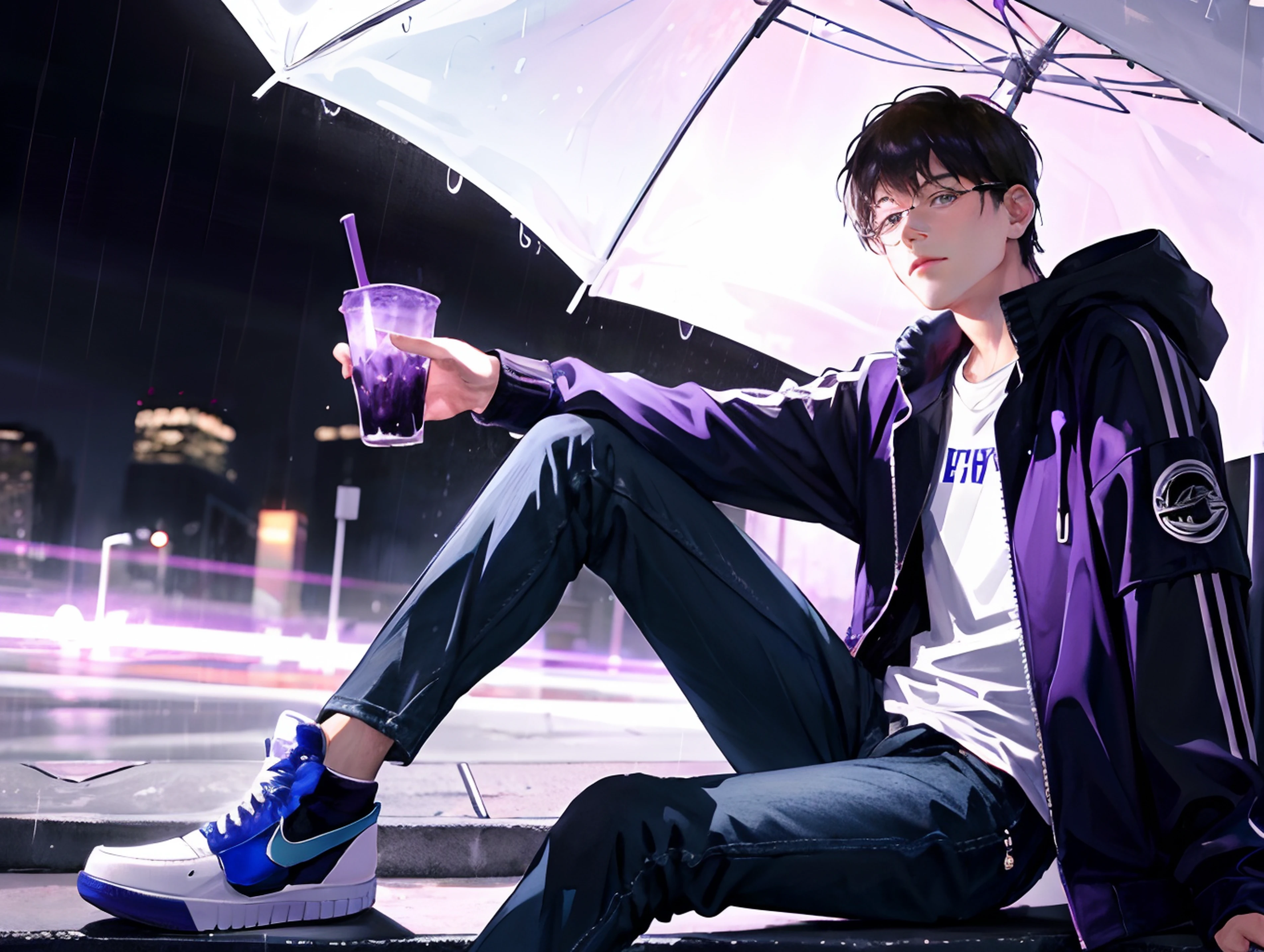 Hyper realistic peter griffin sitting outside while its raining and he’s wearing puff jacket with black jeans and blue jordan 1’s on while looking sad and holding a cup stacked on another cup glowing purple juice with perk 30’s on the ground