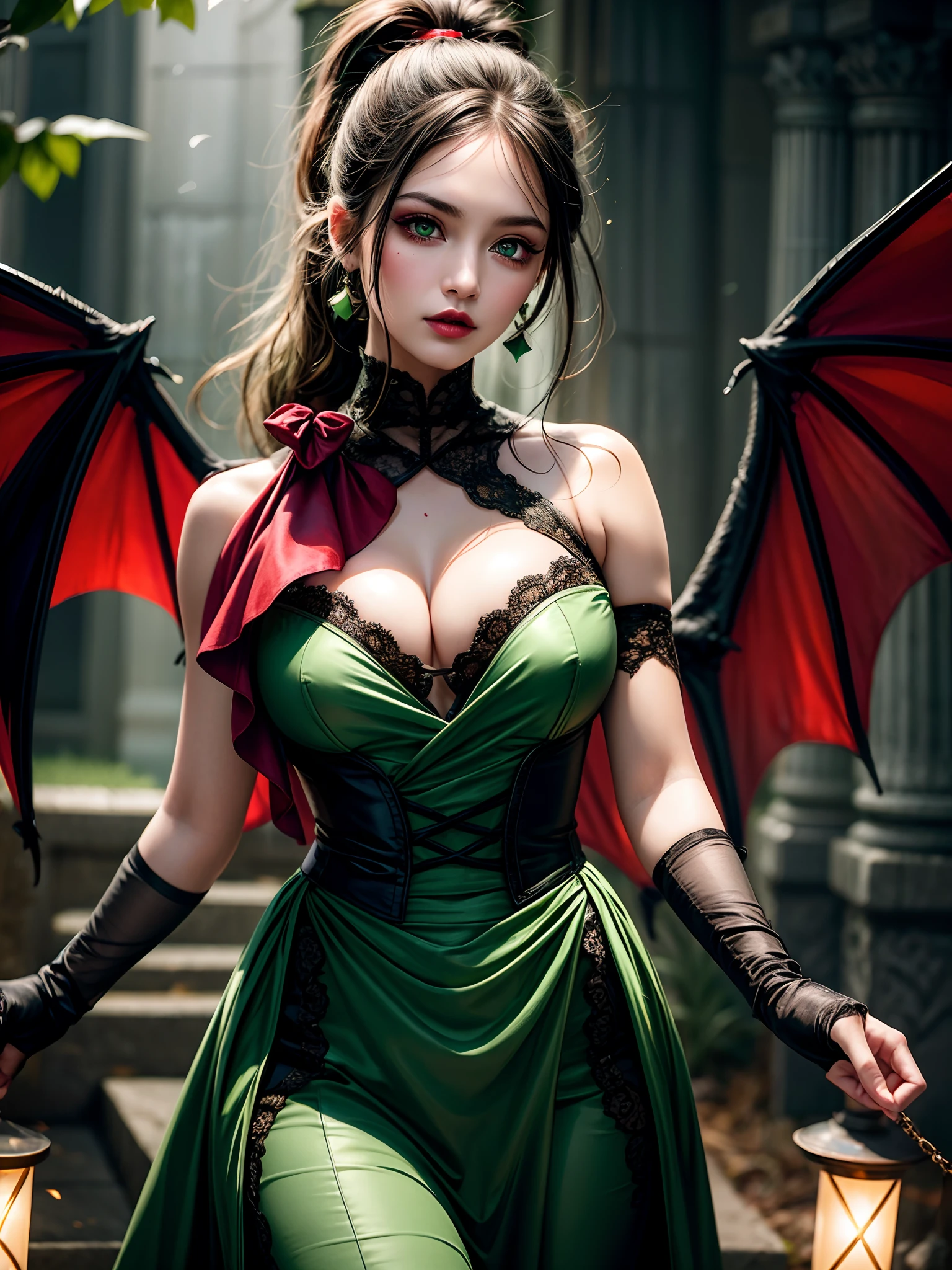 Medium shot, full body, perfect body, showing her for proniment sharp canine sharp focus, woman focus (Best Illustration), 8k Resolution, Intricate Details, Best Quality, Realistic, Ultra Detailed, Best Lighting, Best Shadows, Ultra HD, BREAK A Necromancer, Night, dark Magical auras, Dark Style, Vampire, Bat wings, blood thirsty smile, blood flowing on her breast, alot of bats flying around, fog, blood splash on the ground, red sky, dark theme)), (shining green eyes:1.6),(blood on her body and face and eyes:1.2)BREAK masterpiece, high_res, Beautiful face, tyndall effect, photo realistic, (high detailed skin:1.2), 8k uhd, dslr, high quality, Photograph, high resolution,(extremely detailed), 8k, Bokeh, BREAK medium breasts, absurdres, ponytail contorted, best ratio four finger and one thumb, mature,tall body, red dress