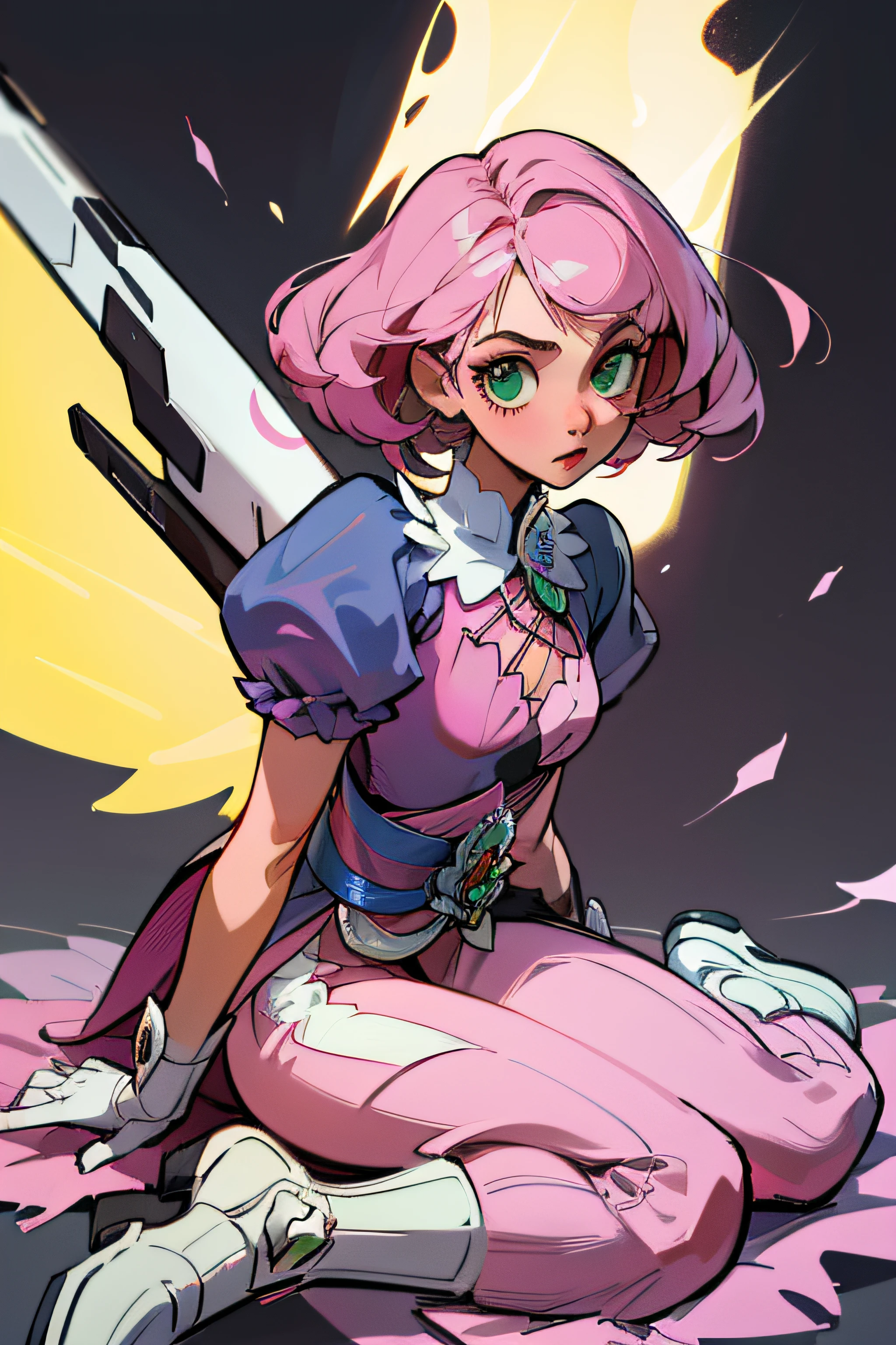 uma menina, com flor no cabelos curto cabelos com muito flow rosa multicor , olhos verdes, mechanical wings, sardas no rosto, rosto bonito, In sharp focus Pose, folha de caracteres, different angles