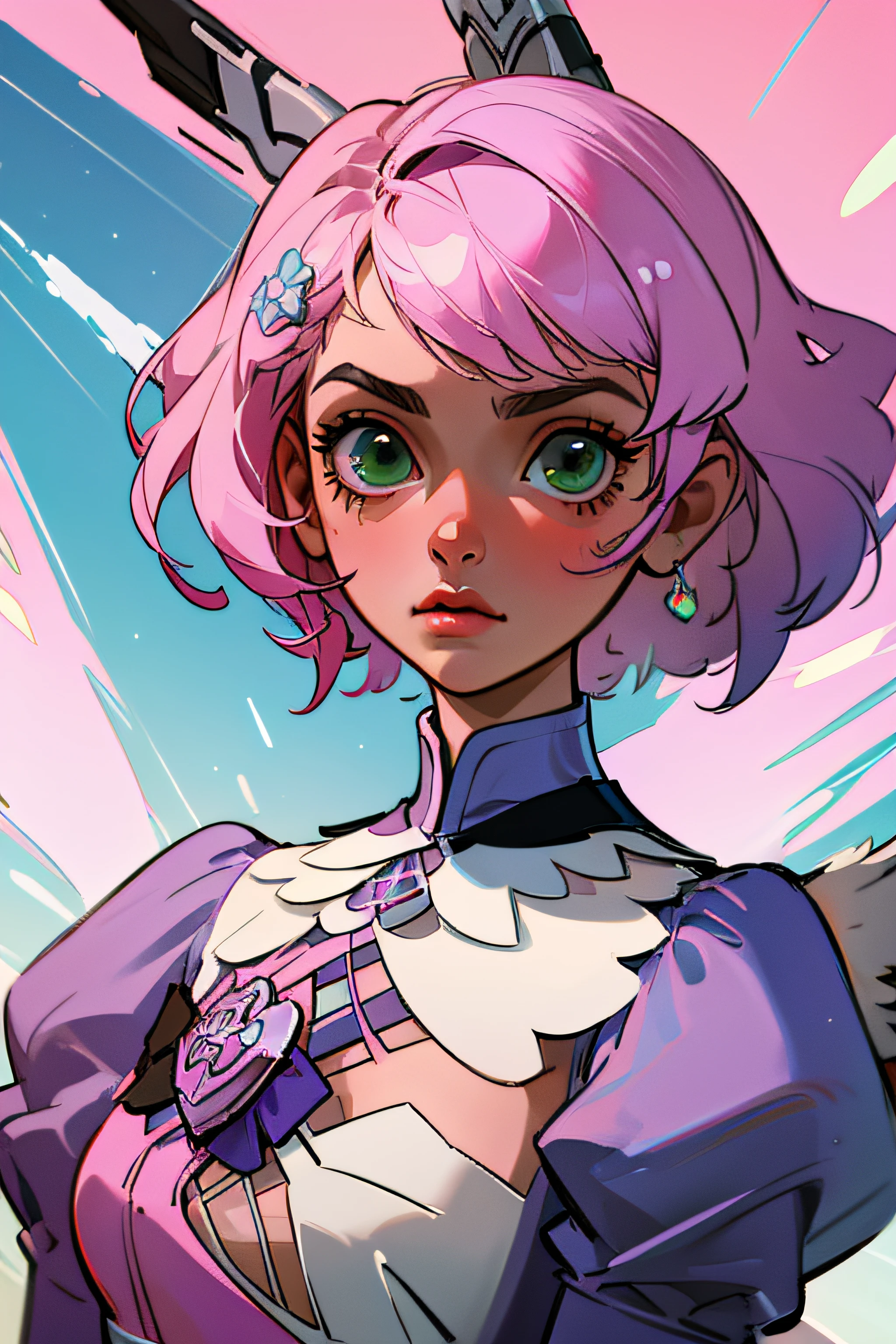 Alisa bosconovitch, melhor qualidade, contemporary, estilo plano, minimalismo, Green Eyes Flat Illustration, cabelo rosa, cabelo curto, cabelos multicoloridos, Camisa Preta, mechanical wings, Head Portrait Close-U, peito pontudo, decote, super decote, middlebreasts, Tekken,cabelo rosa pastel, 1girl, em quimono, hand-painted,Desenho de linha sem cor, colorida do yandere pastel, Tekken, com roupa de empregada,figura esbelta,robusto,He sat on the floor,Vestido com roupas de empregada rosa e branco,cabelos muito curtos,com orelhas de gato,quadratic element,, kawaii cor-de-rosa na roupa da era de 1910, Alisa Bosconovich pink lips, no estilo da paleta de cores suave aurorapunk, an anime illustration of his face, gifs animados, hand drawn animation, charming sketches, suave e brilhante, romantismo nebuloso, Estilo Superflat, fundo branco - ar 1:1 - niji 5 - estilo expressivo --s 50