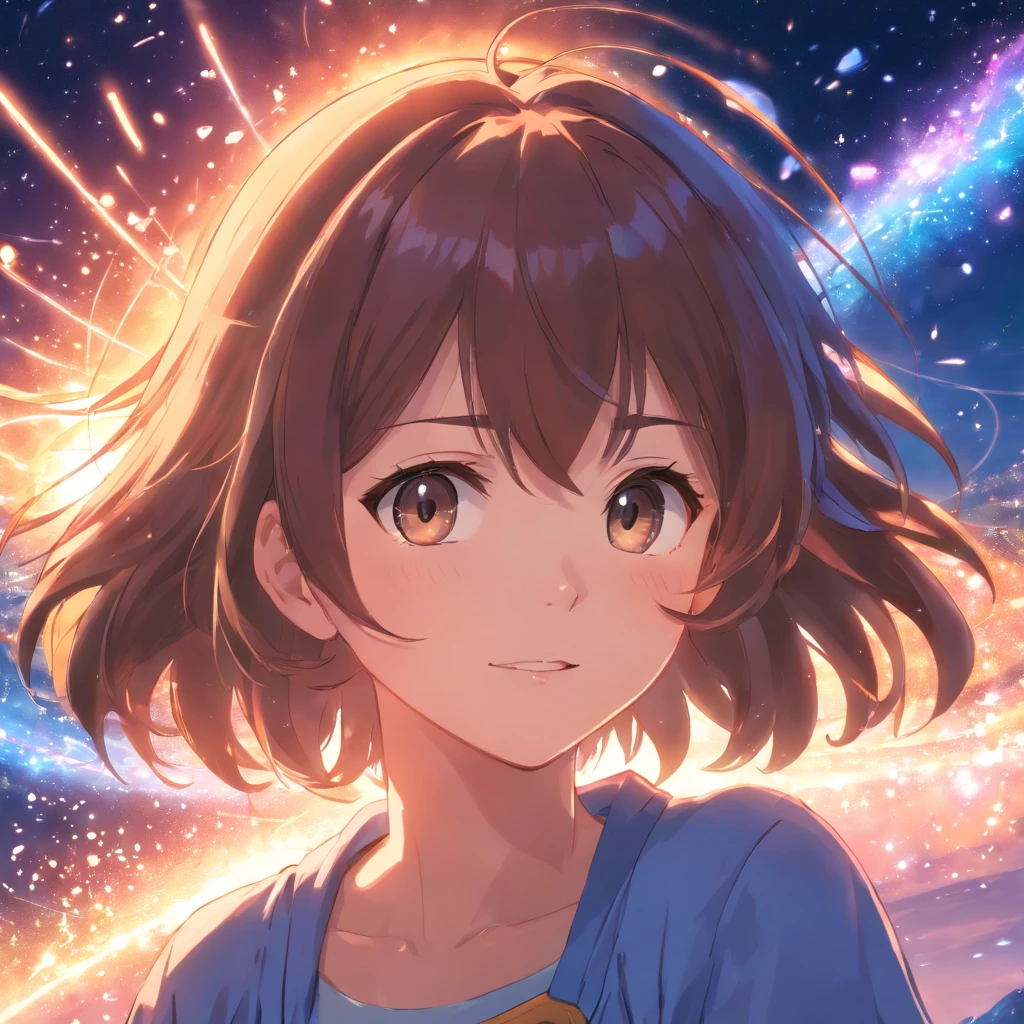 obra-prima, melhor qualidade, filme ainda, 1girl, garota de cabelos azuis,floating in the space,estrelas brilhantes, close-up, brilhante, feliz, Soft lighting and Warm, sun sunset, (Sparks: 0,7)